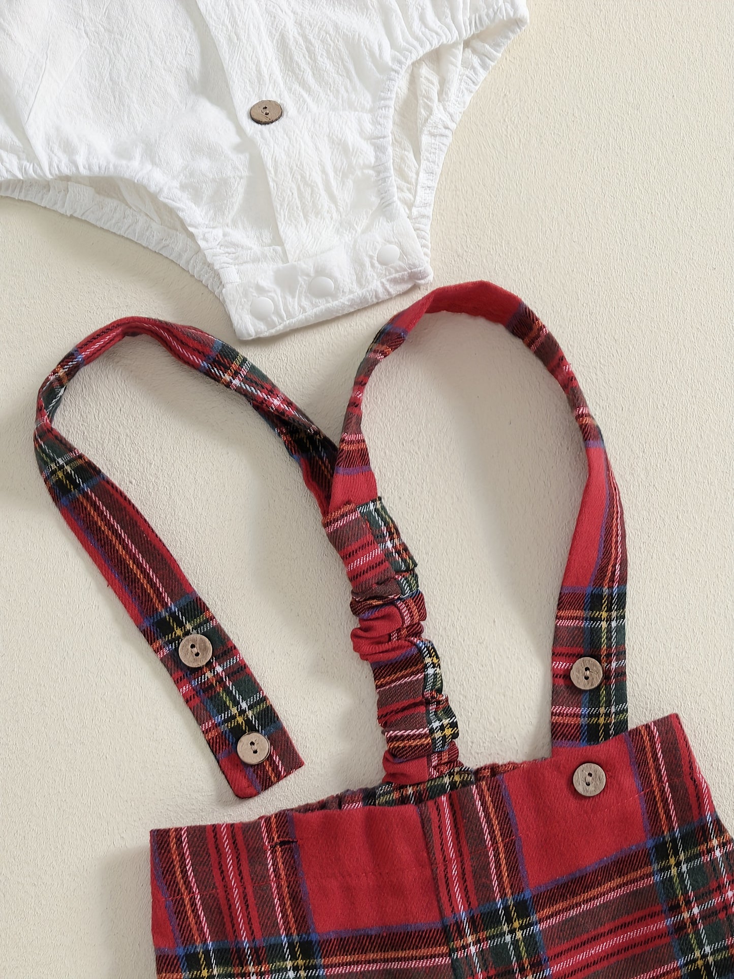 Baby Boy Gentleman Outfit Solid Long Sleeve Lapel Neck Romper with Plaid Suspender Pants and Bow Tie 3pcs Set, for Outdoor