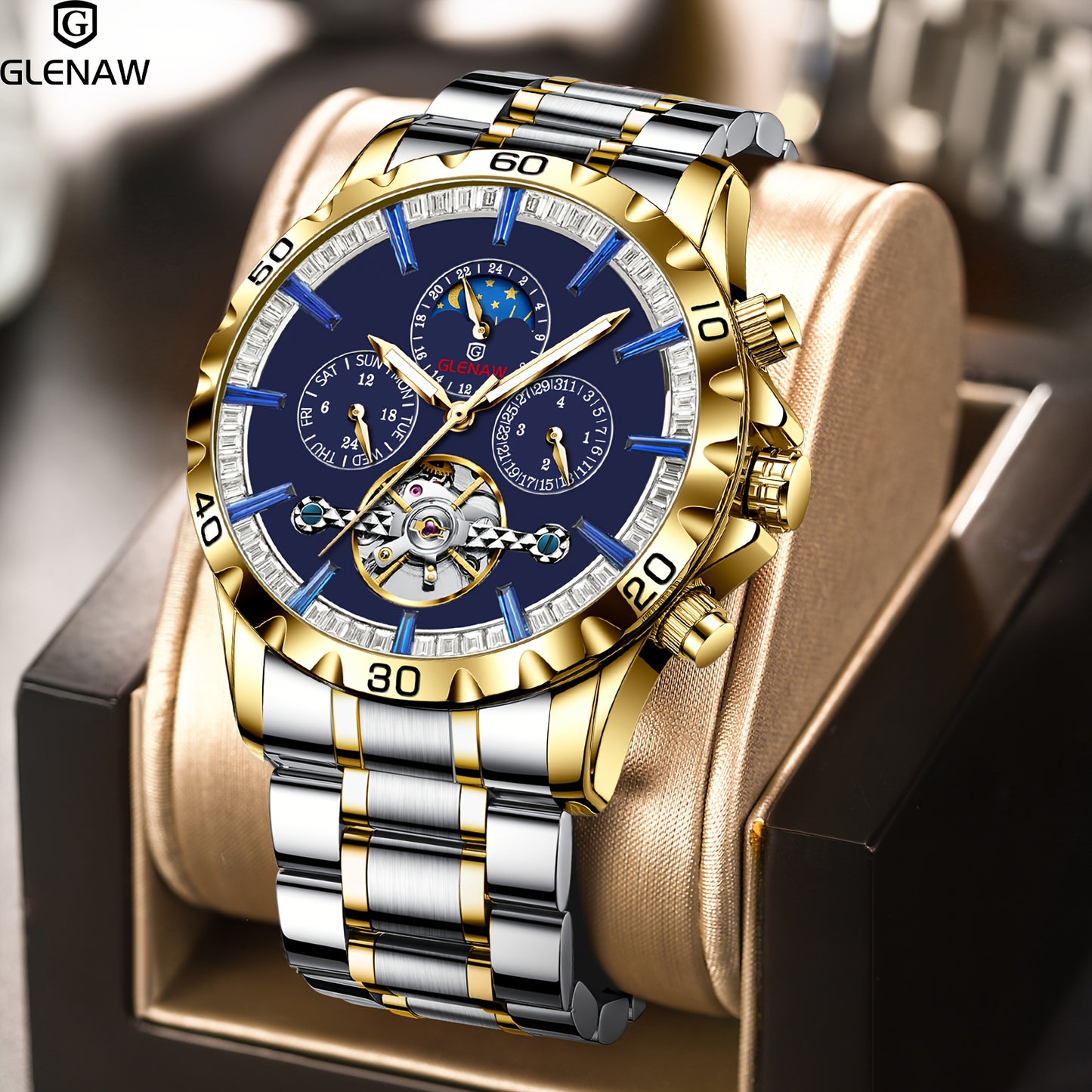 Automatic Men's Watch With Stainless Steel Strap, Multifunctional Men's Watch With Hollow Automatic Winding Mechanical Watch, Displaying Date, Day Of The Week, Month, And Stars.