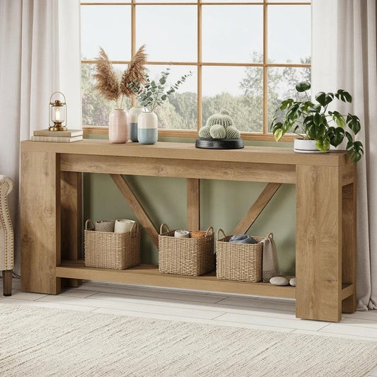 70.9 Inch Light Brown Farmhouse Wood Console Table | Extra Long Sofa Table Behind Couch for Holiday Home Decor, BYBLIGHT, Engineered Wood, Contemporary Style