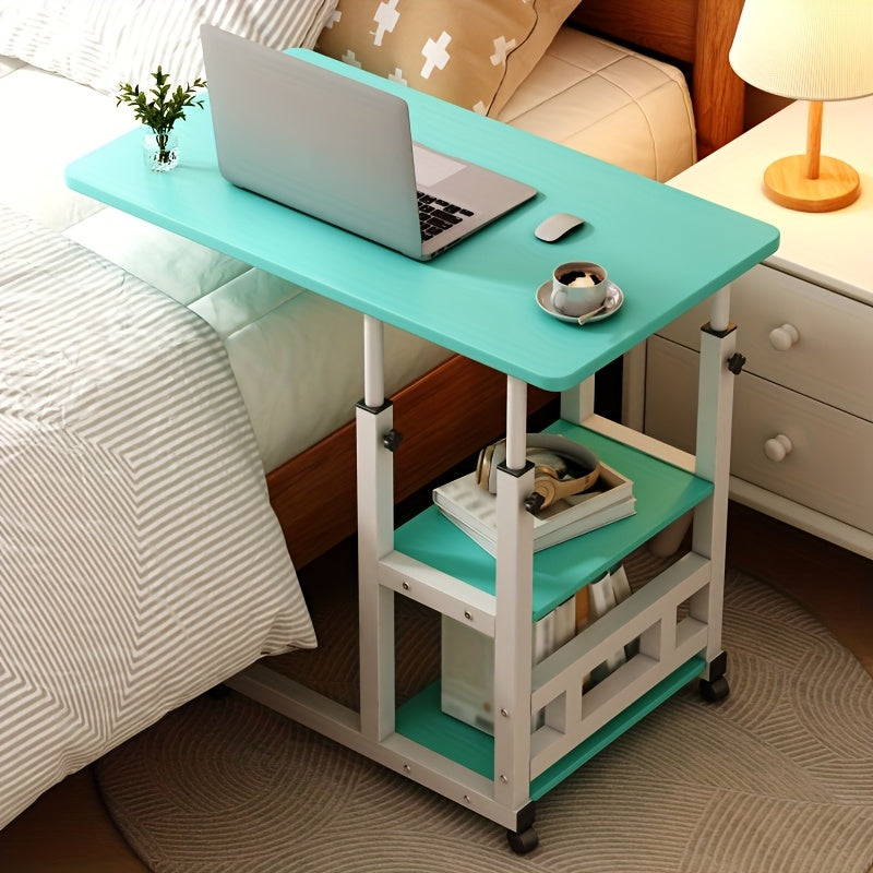 Height Adjustable Rolling Table with Storage Shelves - Heavy-Duty Wood/Metal Construction, Modern Mobile Desk with Casters, Space-Saving Design for Home Office, Bedside, Laptop Workstation & Small Spaces - Easy Assembly, Engi