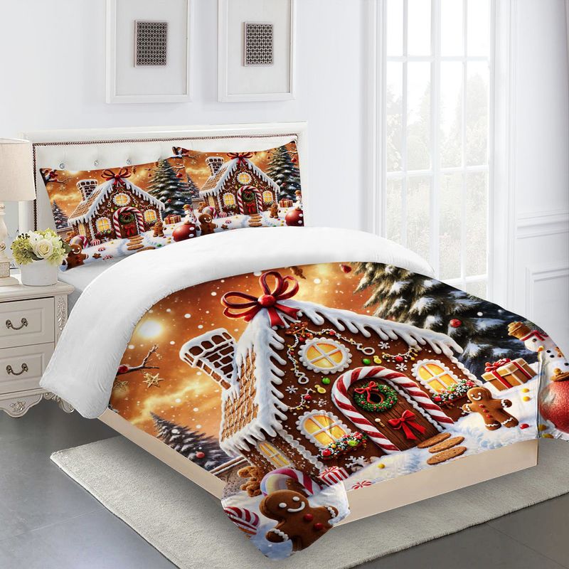 3pcs Christmas Gingerbread House Duvet Cover, Winter Holiday Bedding with Pillowcases, Xmas Snow Scene Quilt, Festive Bedroom Decor, Soft Microfiber Fabric 1 Duvet Cover+2 Pillowcases,  Holiday Theme, Cozy Winter Decor, Highq