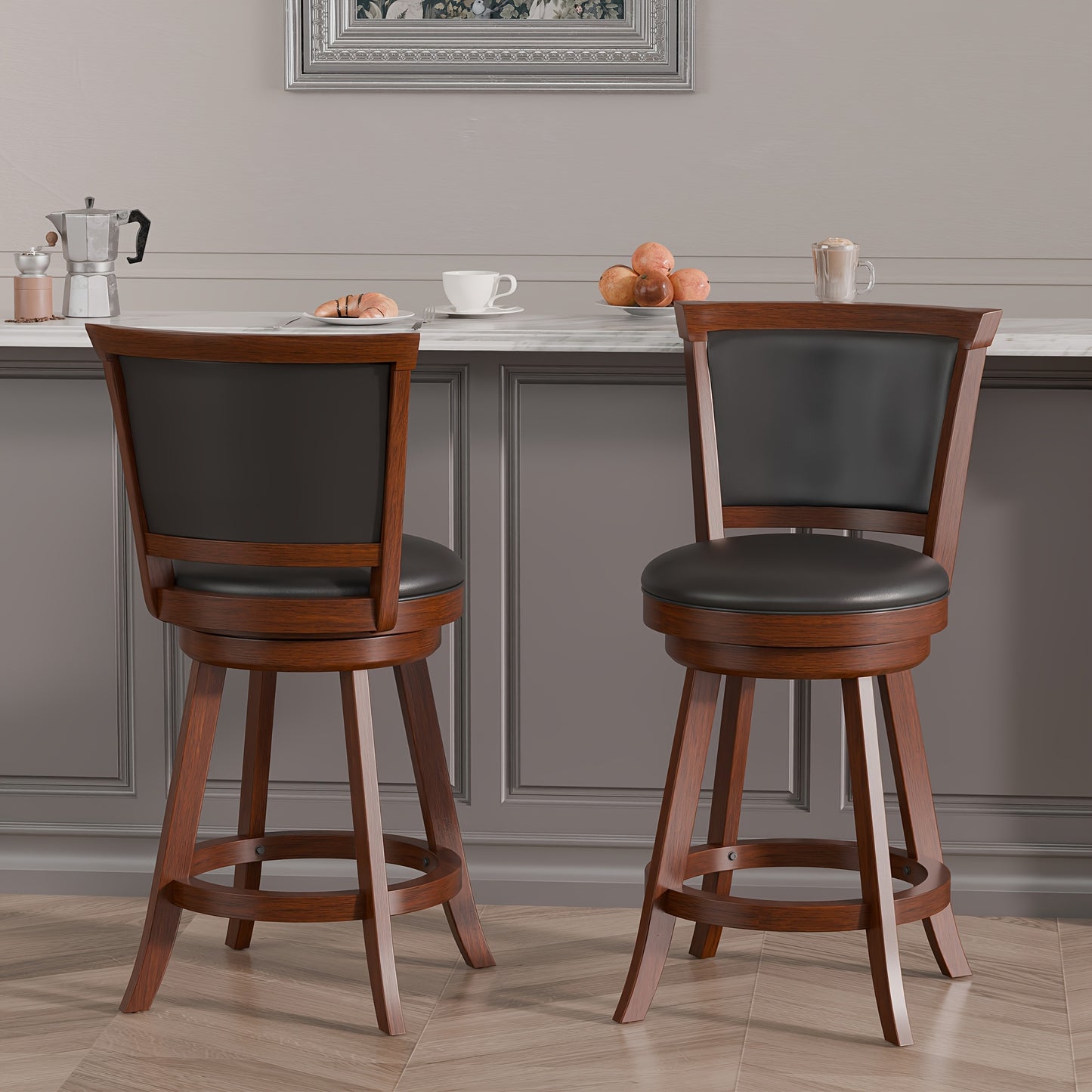 High Back Swivel Bar Stools, Bar Height Swivel Stools with Grey Faux Leather Upholstered Seat & Solid Wood Footrest, Counter Bar Chairs for Pub, Bar, Kitchen Island, Set Of 2