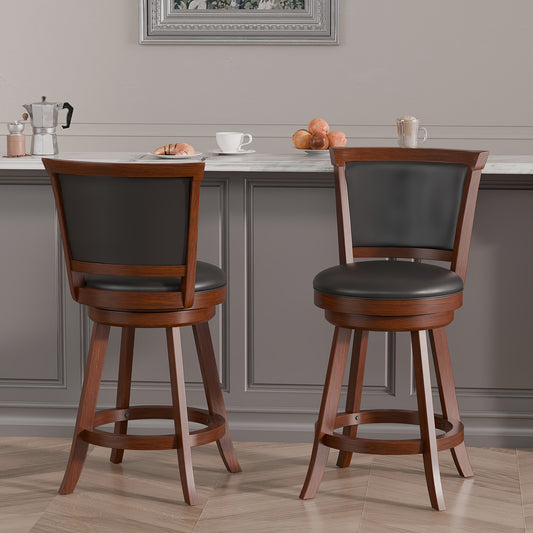High Back Swivel Bar Stools, Bar Height Swivel Stools with Grey Faux Leather Upholstered Seat & Solid Wood Footrest, Counter Bar Chairs for Pub, Bar, Kitchen Island, Set Of 2