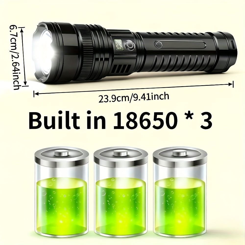 Tactical Rechargeable LED Flashlight with COB Light - Long-Range Spotlight, -C Fast Charging, - Power Bank, Durable IP-like Black Cylindrical Design & Cable Included for Camping, Emergency, Outdoor, Headlamp (Type-C Charging