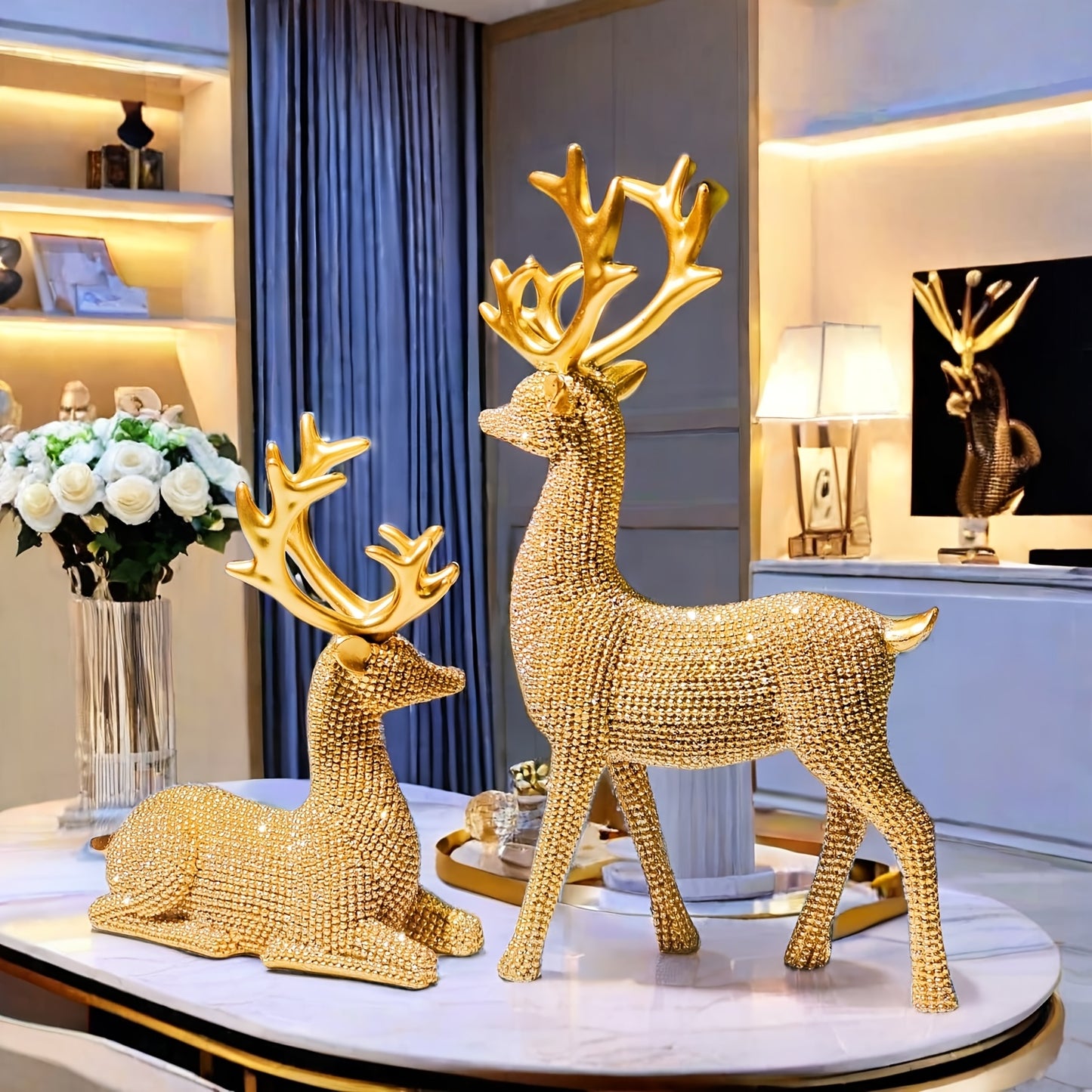 [2D Flat] Two Shiny Golden Bead Christmas Reindeer Decorations, Resin Festive Table Ornaments Suitable for Christmas, Valentine'S Day, New Year, Perfectly Suitable for Display Stands, Fireplace Tables And Gift Boxes. Christma