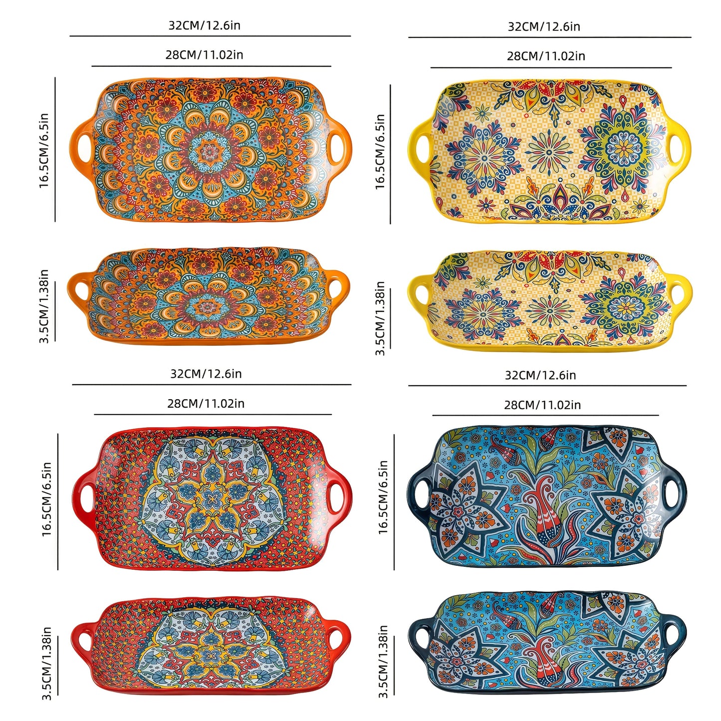 TAUFIKT Set Of 4 Large Rectangular Bohemian Ceramic Fish Plates - Elegant Steamed Fish Plates for Home, Kitchen And Restaurant - Durable, Easy-to-clean, Space-saving Design Can Be Used for Christmas, Valentine's Day, Thanksgi