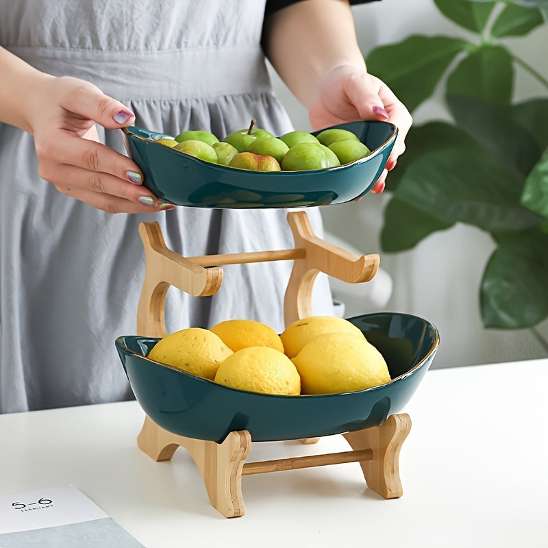 2/3 Tier Luxurious Wooden Elegant Fruit Stand- Double Layer Fruit Bowl and Creative Candy Display- Made of Natural Wood, Suitable Snack Tray for Living Room, Space-saving Design, Easy to Assemble, Father'S Day Gift, Kitchen D