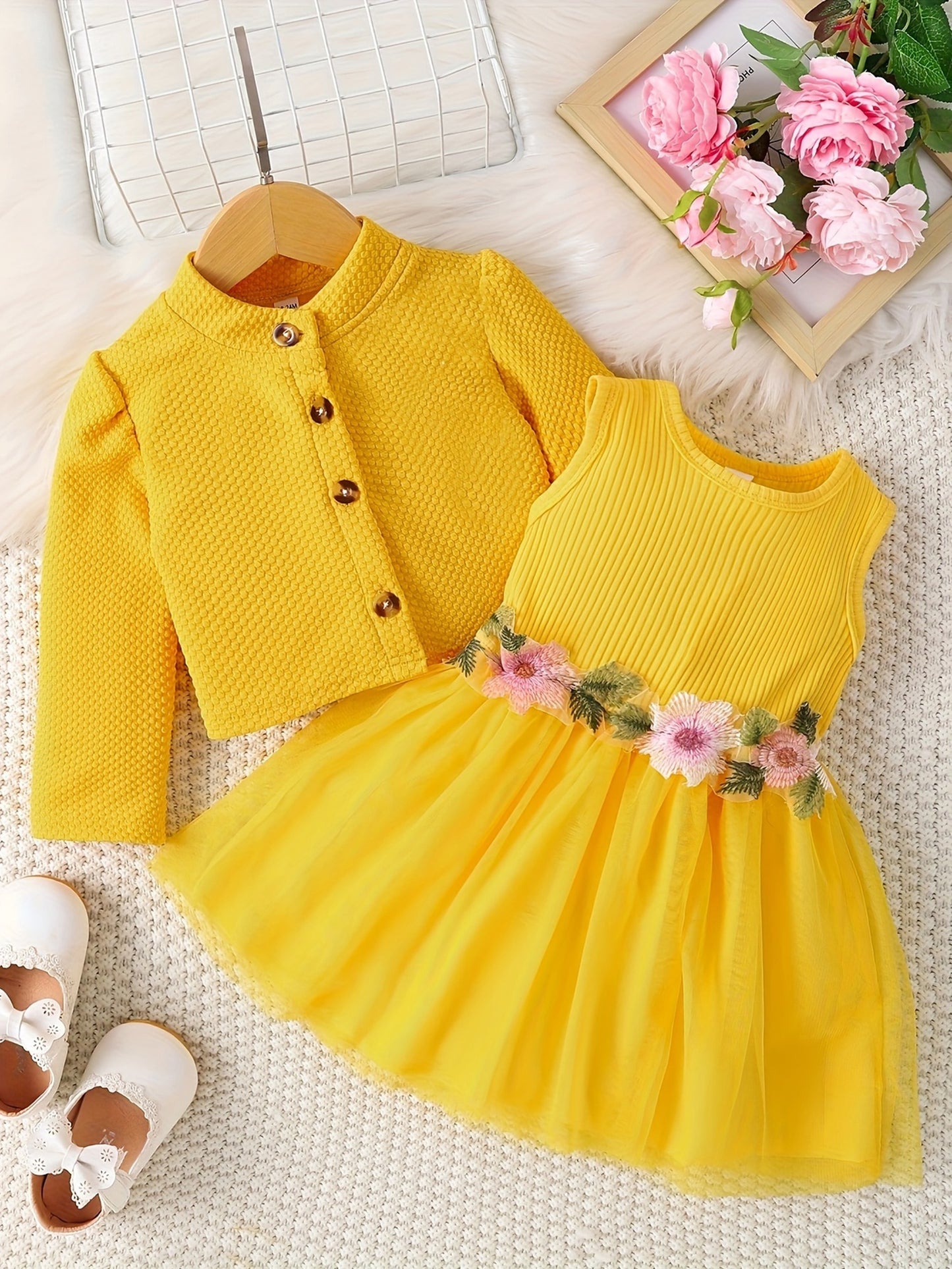 Baby Girl Fall Outfit, Long Sleeve Cardigan Coat Flower Embroidery Tulle Tank Dress 2pcs Set, for Outdoor