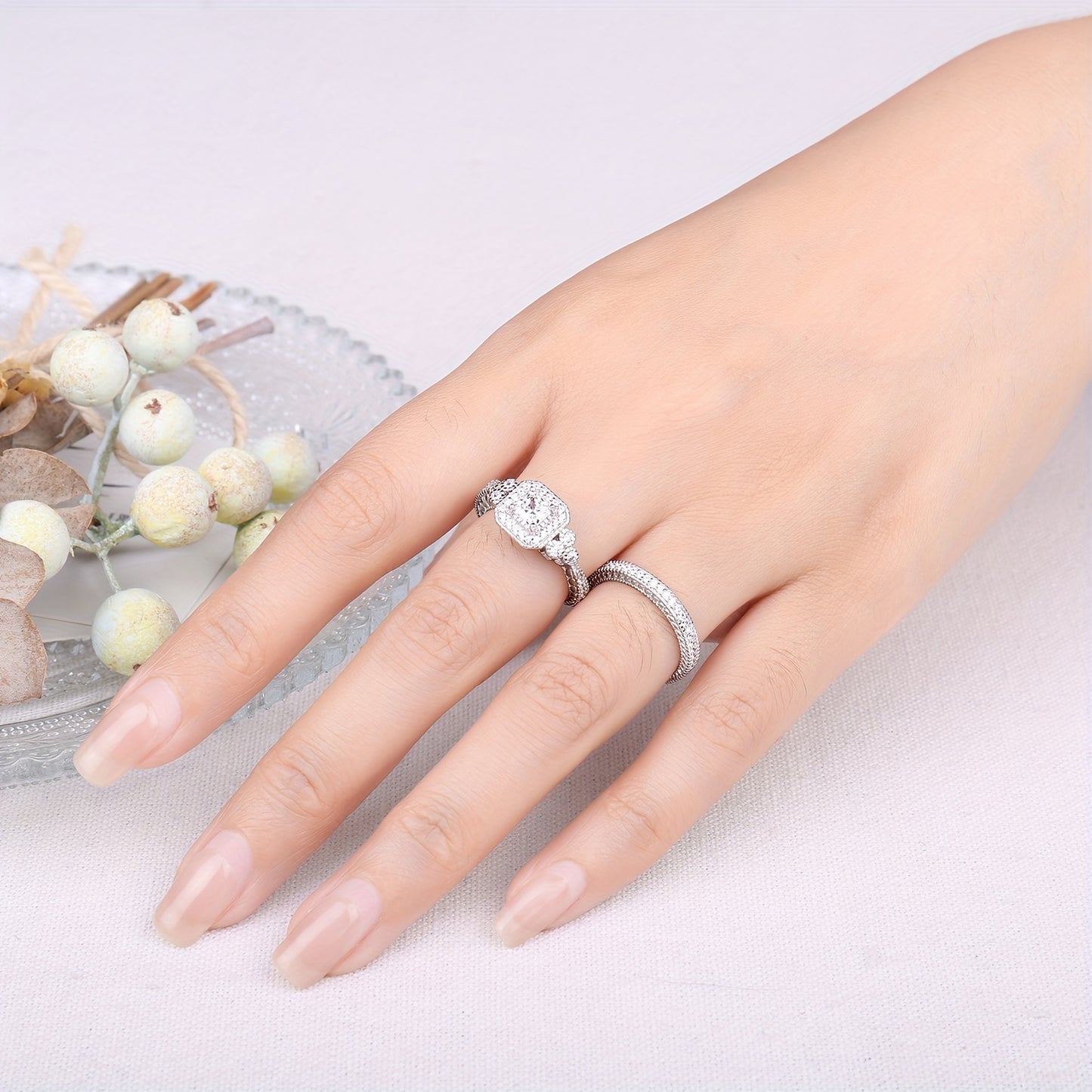 2pcs Elegant 925 Sterling Silver Princess Cut Cubic Zirconia Engagement Ring Set, Synthetic December Birthstone, White Golden Plated, Valentine's Day Gift, All-Season Wedding Band Jewelry