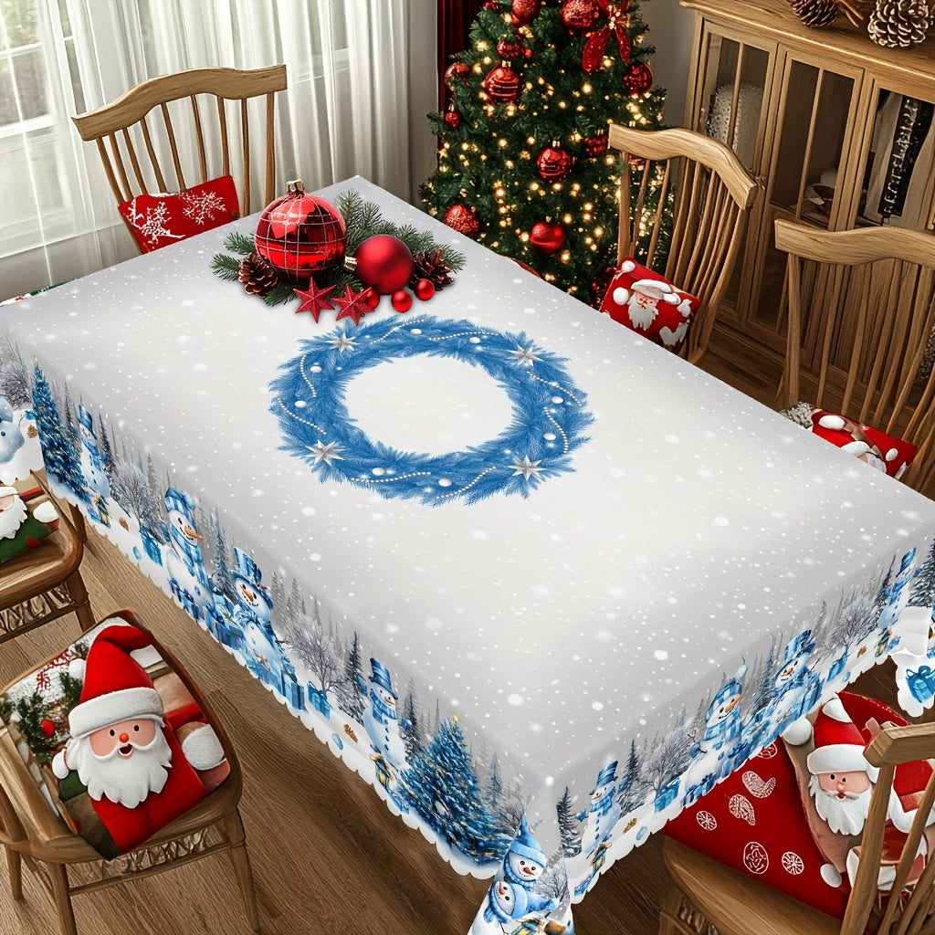 1pc Merry Christmas Themed Printed Tablecloth, Farmhouse Style, Snowman, Christmas Tree Pattern Design, Christmas, New Year Gatherings, Parties Decor, Kitchen Accessories, Room&Outdoor Decor, Gift to Friends, Rectangular&Roun