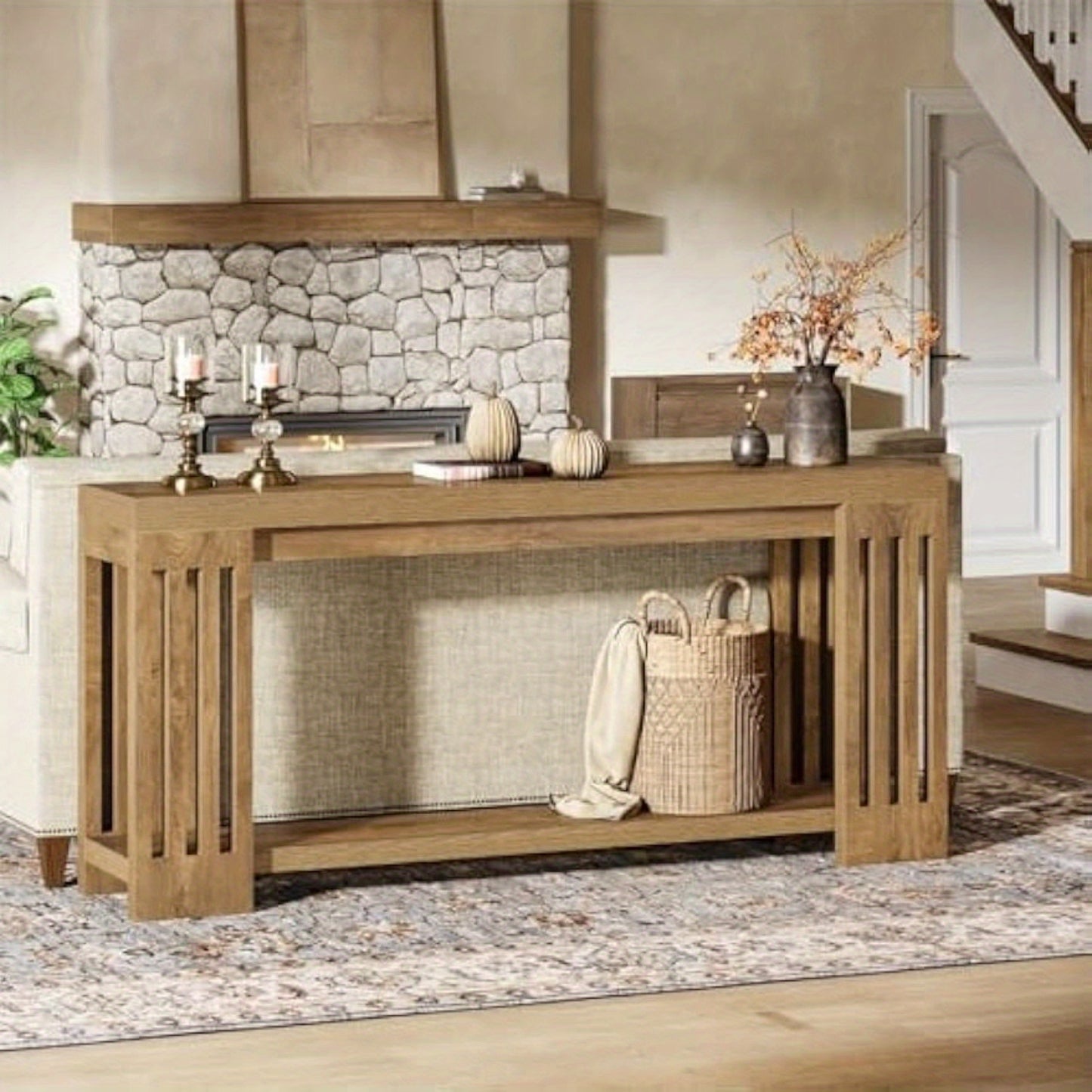 70.9" Extra Long Farmhouse Entryway Sofa Console Table with 2-Tier Storage & Vertical Stripe Legs - Light Brown Engineered Wood & Hardwood Construction, Space-Saving Modern Design for Hallway, Living Room, Entrance - Easy Ass