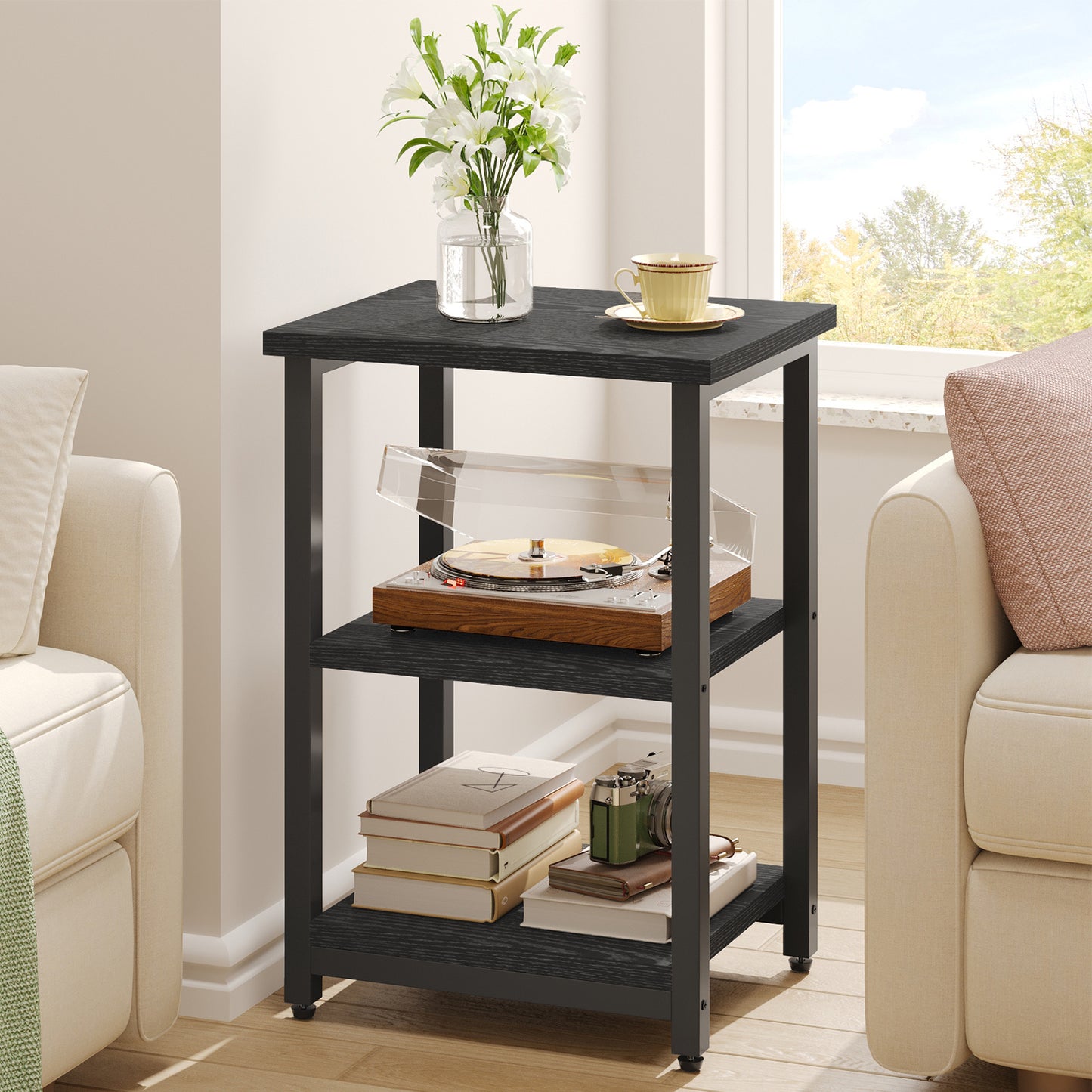 WHONLINE Side Table, Small End Table, Nightstand, 3-Tier End Table with Storage Shelf for Living Room, Bedroom, Office, Bathroom, 13.4*11.8*22.8 Inch, Classic Black