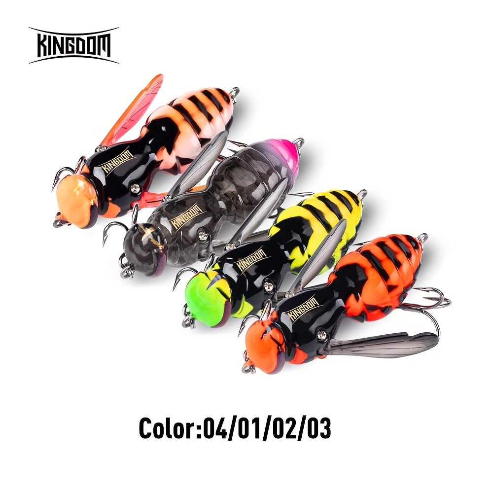 4pcs KINGDOM Floating Fishing Lures - Heavy-Duty ABS Hard Bass Bugs with Treble Hooks, Floating Fishing Baits in Orange/Black, Pink/Black, Yellow-Green/Purple - for Bass, Trout, Freshwater & Saltwater - Ideal for Beginners &