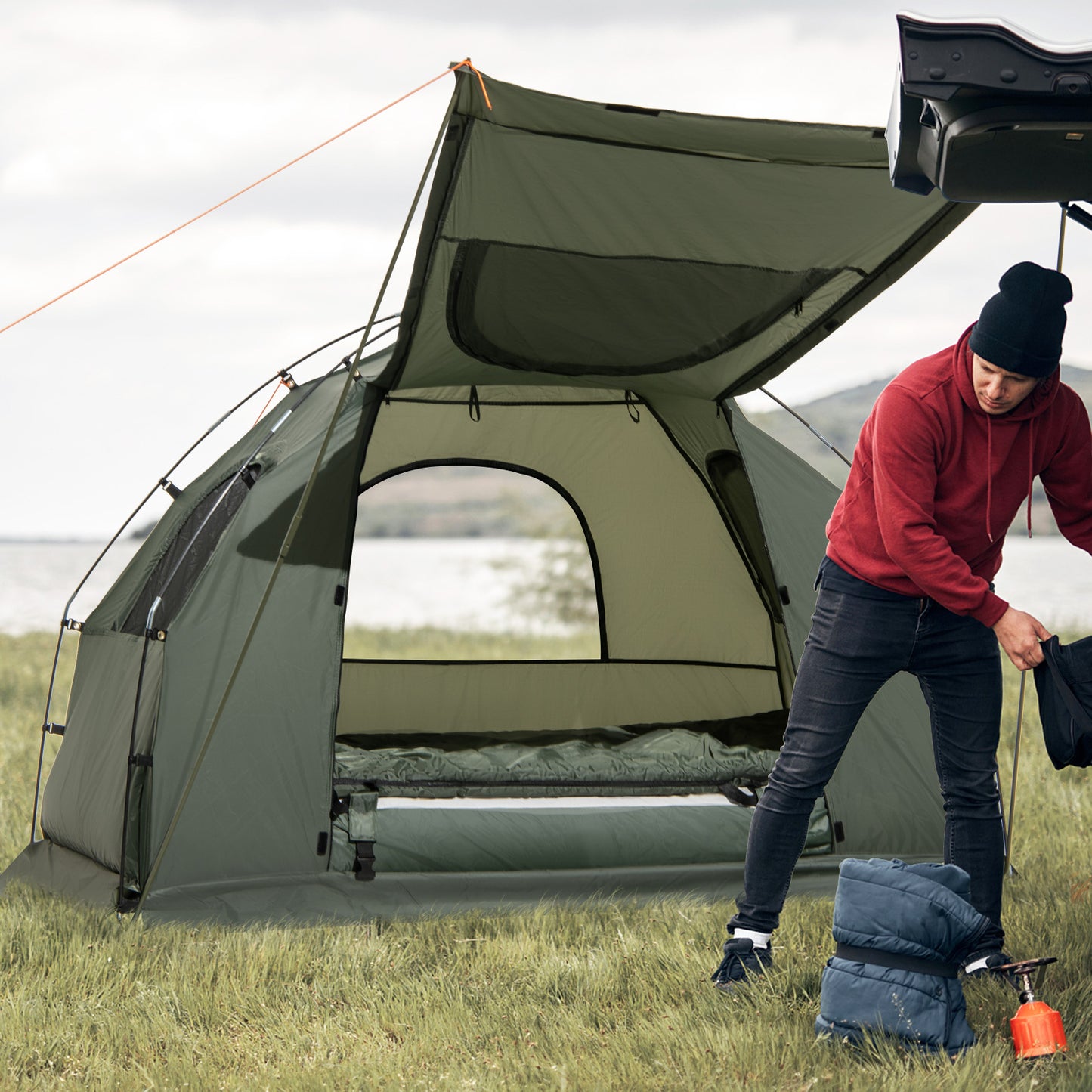 MULTIGOT Outdoor Foldable Camping Tent Cot - 5-in-1 Elevated Portable Single Sleeping Pad with Air Mattress, Pillow & Sunshade, Lightweight Hexagonal Design for Hiking, Travel, Picnic (Green), Camping Mattress, Picnic Gear, E