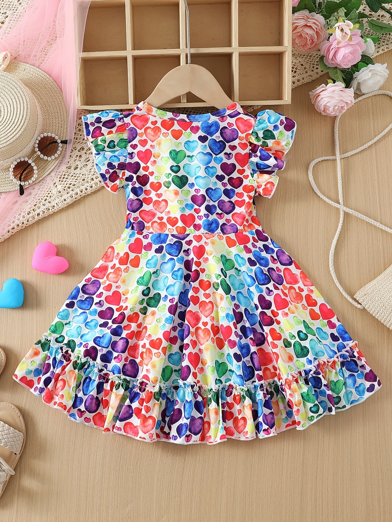 1pc Elegant Polyester Dress for Girls, Ruffled Hem Princess A-Line with Flutter Sleeves, Colorful Heart Pattern, Spring/Summer Knitwear