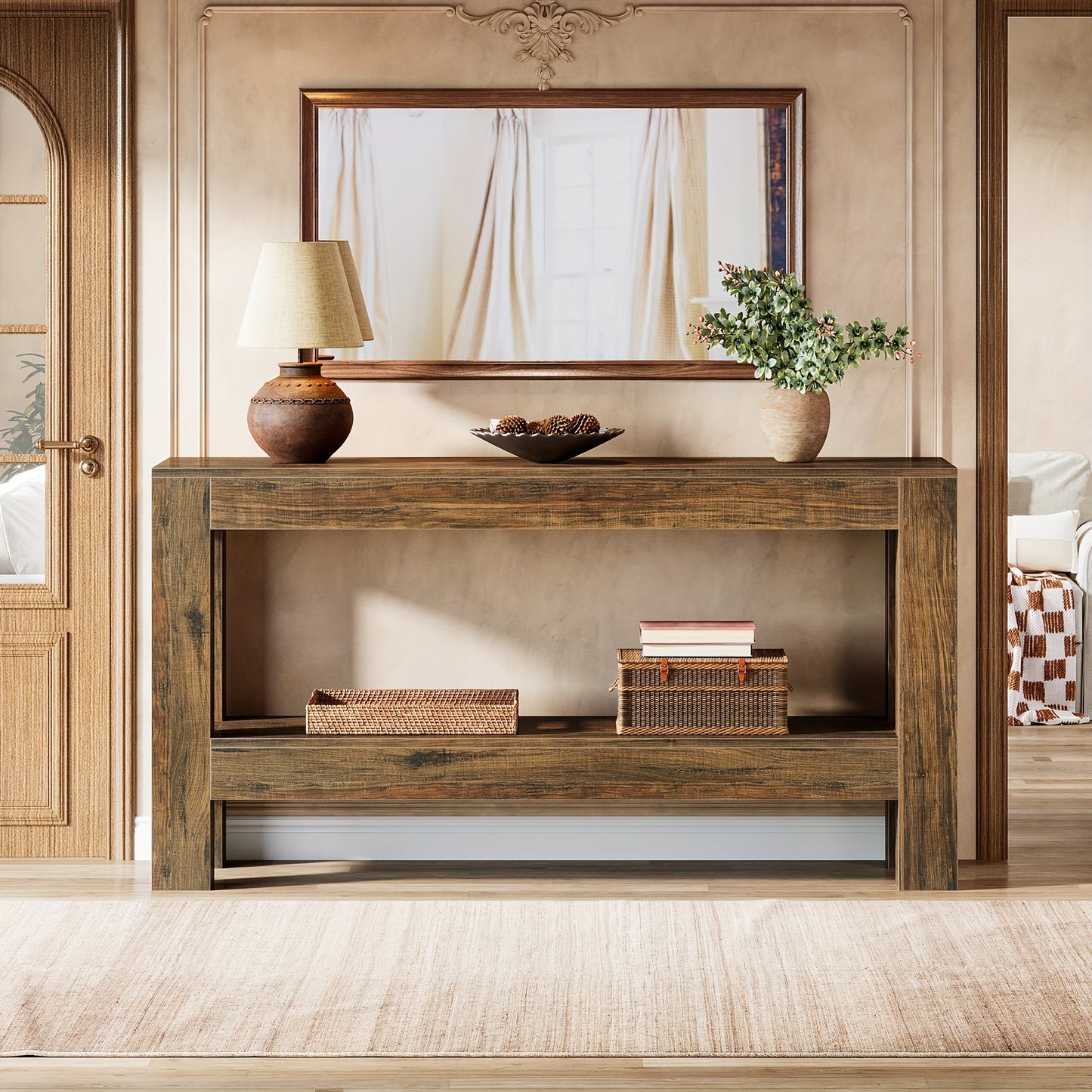 63-Inch Narrow Long Console Table | Farmhouse Wood Entryway Table For Hallway, Sofa, Entry, Entrance, Foyer, Behind Couch With 2-Tier Shelves, Brown, Byblight