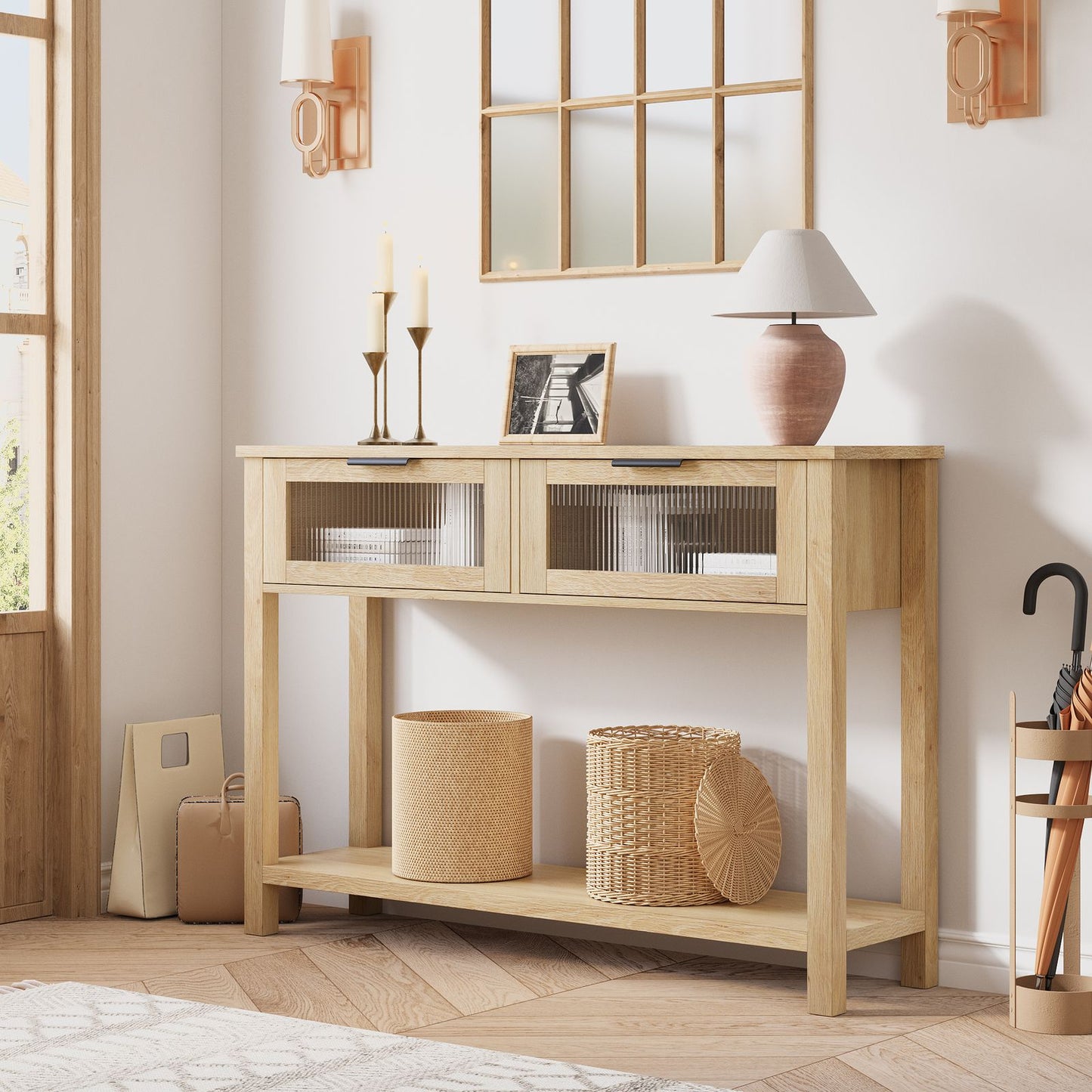 43-Inch Narrow Wood Console Table with Stylish Glass Drawers | 2-Tier Sofa and Entryway Table in Burlywood End, Perfect for Living Room, Bedroom, Hallway, Foyer Storage, Entryway Table | Classic Style, Hardwood Material, Asse