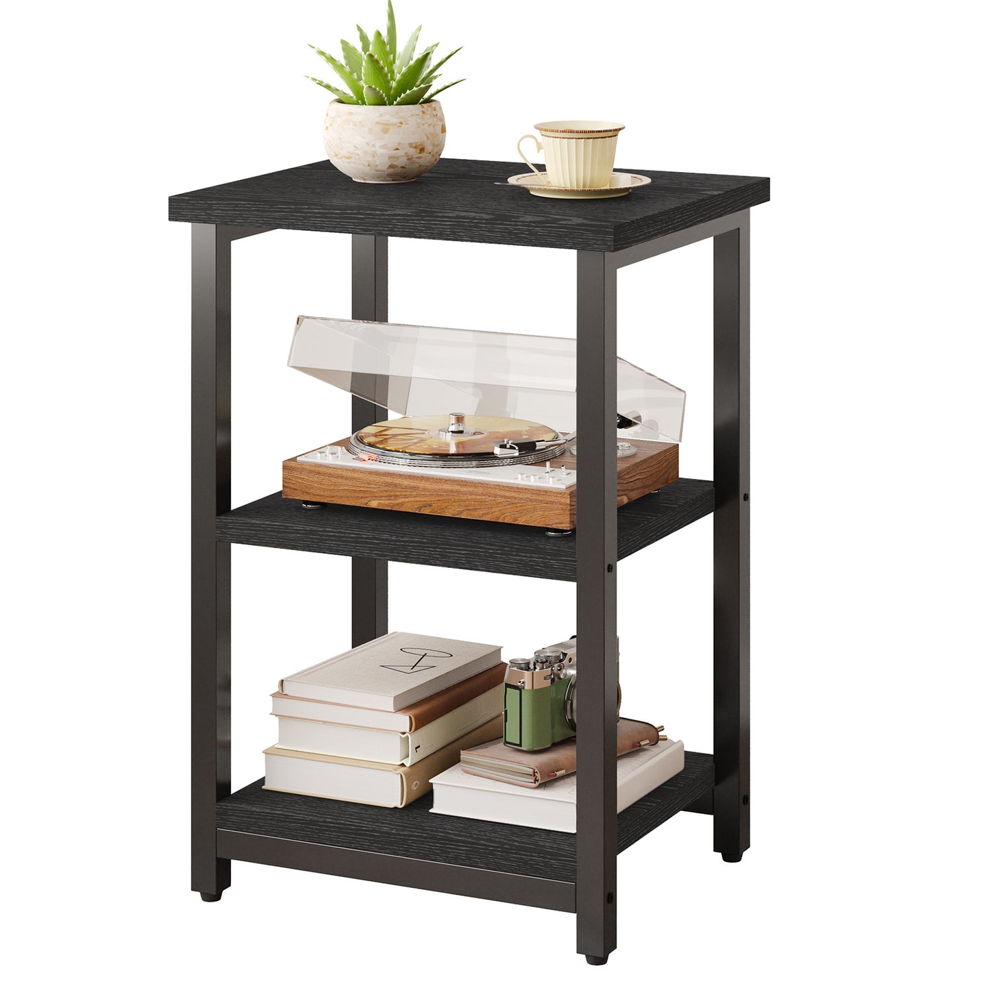 WHONLINE Side Table, Small End Table, Nightstand, 3-Tier End Table with Storage Shelf for Living Room, Bedroom, Office, Bathroom, 13.4*11.8*22.8 Inch, Classic Black