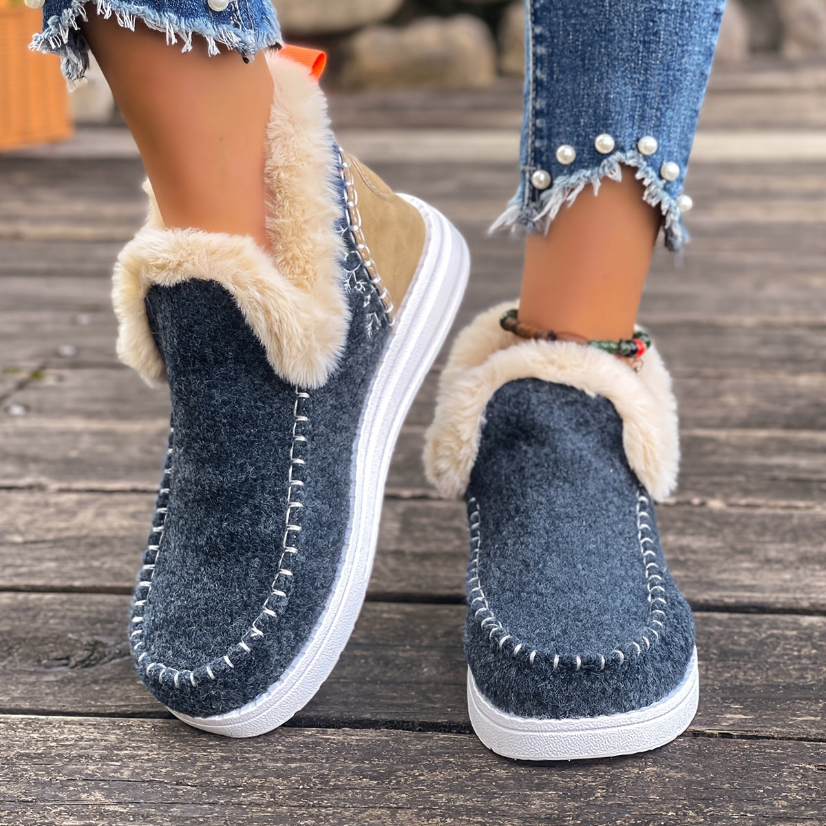 Women'S Plus Size Cozy Plush Slip-On Snow Boots with Soft Rubber Sole - Lightweight Warm Winter Boots with Cushioned Insole, Round Toe & Arch Support, Casual Outdoor Shoes for Cold Weather, Black & Brown (Canvas Lining) - Ide