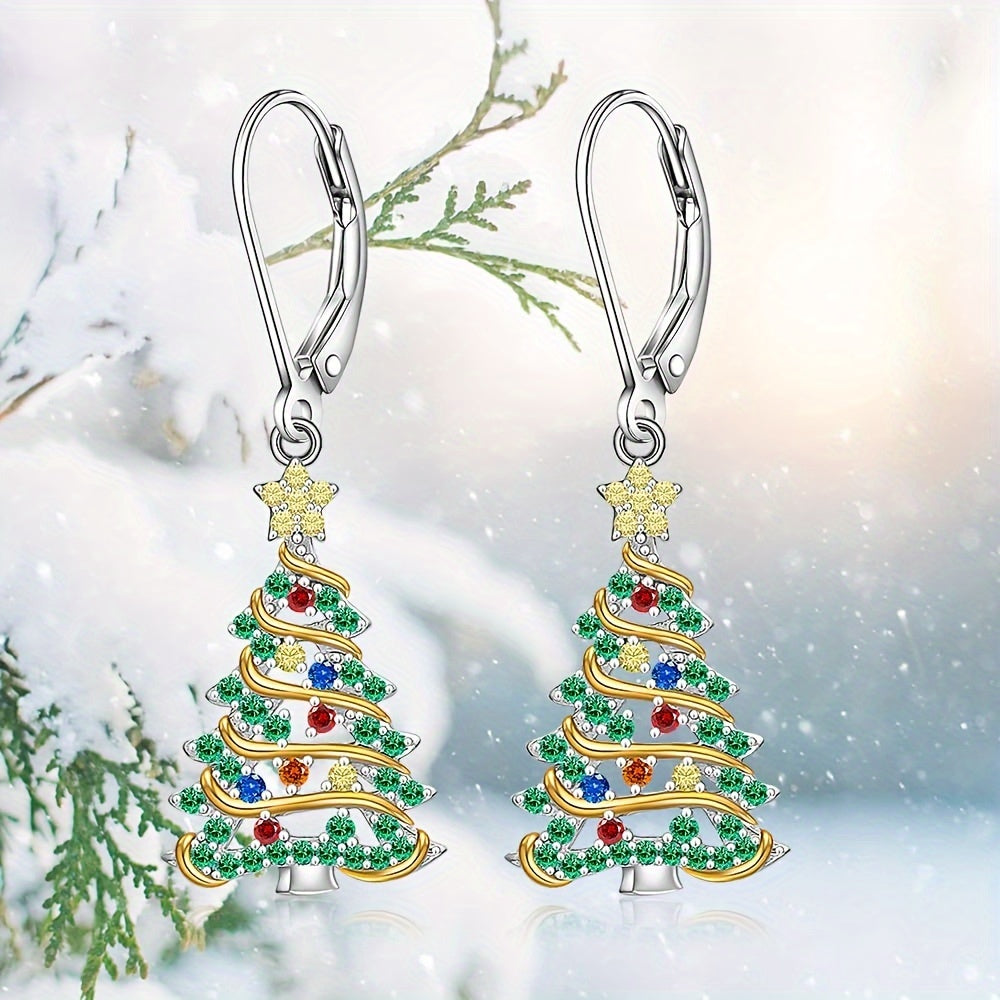 925 Sterling Silver Christmas Tree Earrings, Christmas Earrings Women Silver Ribbon, Green Christmas Tree Colorful Zirconia Frozen Earrings Earrings Holiday Jewelry Gifts for Women