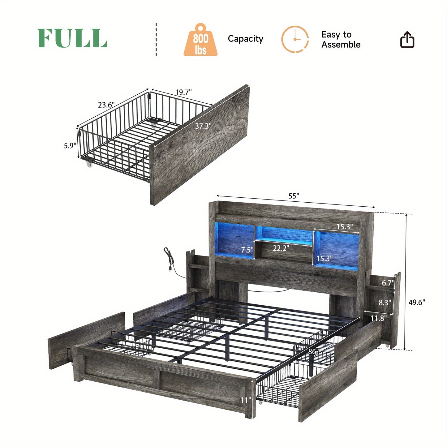 PAPABABE Bed Frame Featuring a 49.6-Inch Bookcase Headboard, Four Drawers, And Two Removable Storage Racks - a Farmhouse-Style Wooden Bed Frame Equipped with RGB LED Lights And a Charging Station, No Box Spring Required