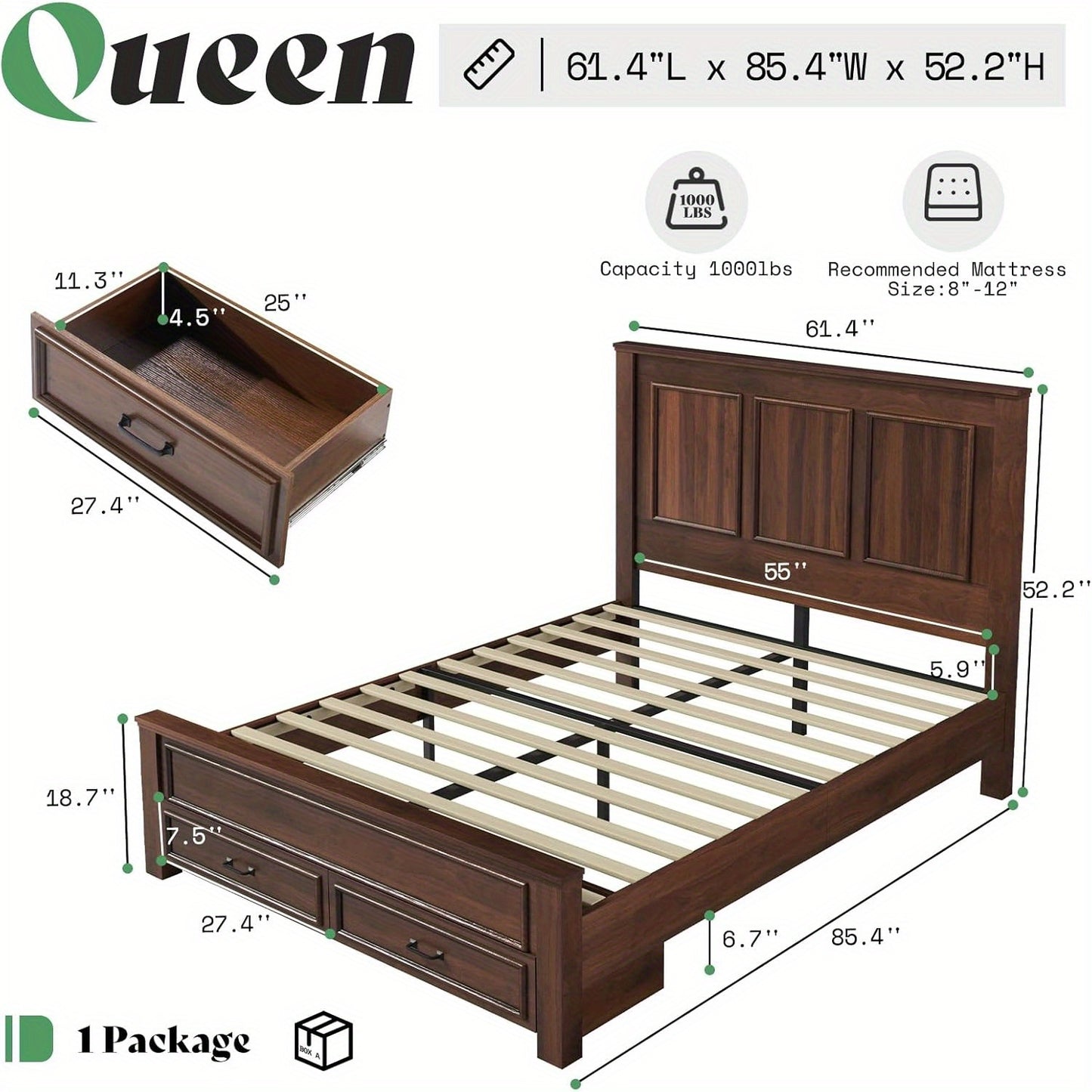 Wooden Platform Bed Frame Featuring a Tall 52.2" Headboard And Footboard, Along with Two Spacious Storage Drawers.
