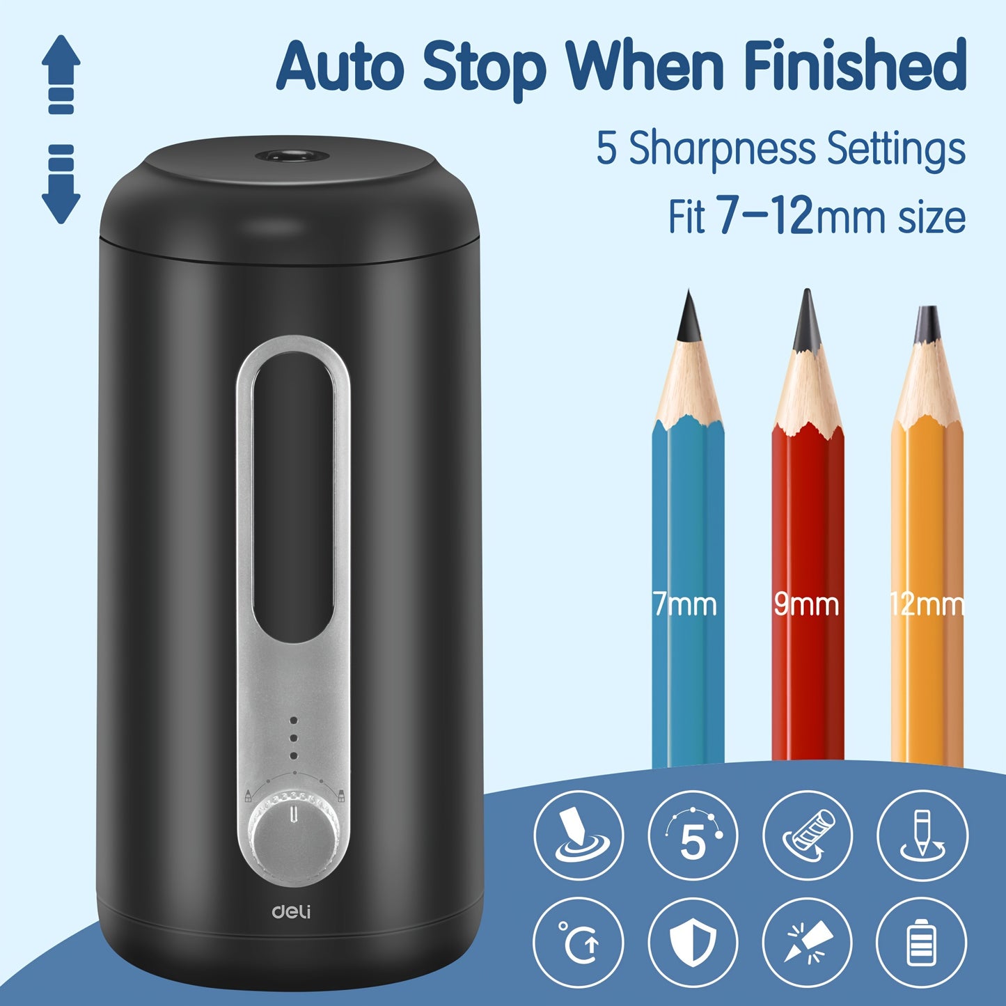 Halloween Gifts Deli Electric Pencil Sharpeners, 5 Sharpening Settings for 7-12Mm Pencils, Auto Stop, USB And Battery, Heavy Duty Sharpeners for Home And Office, Black