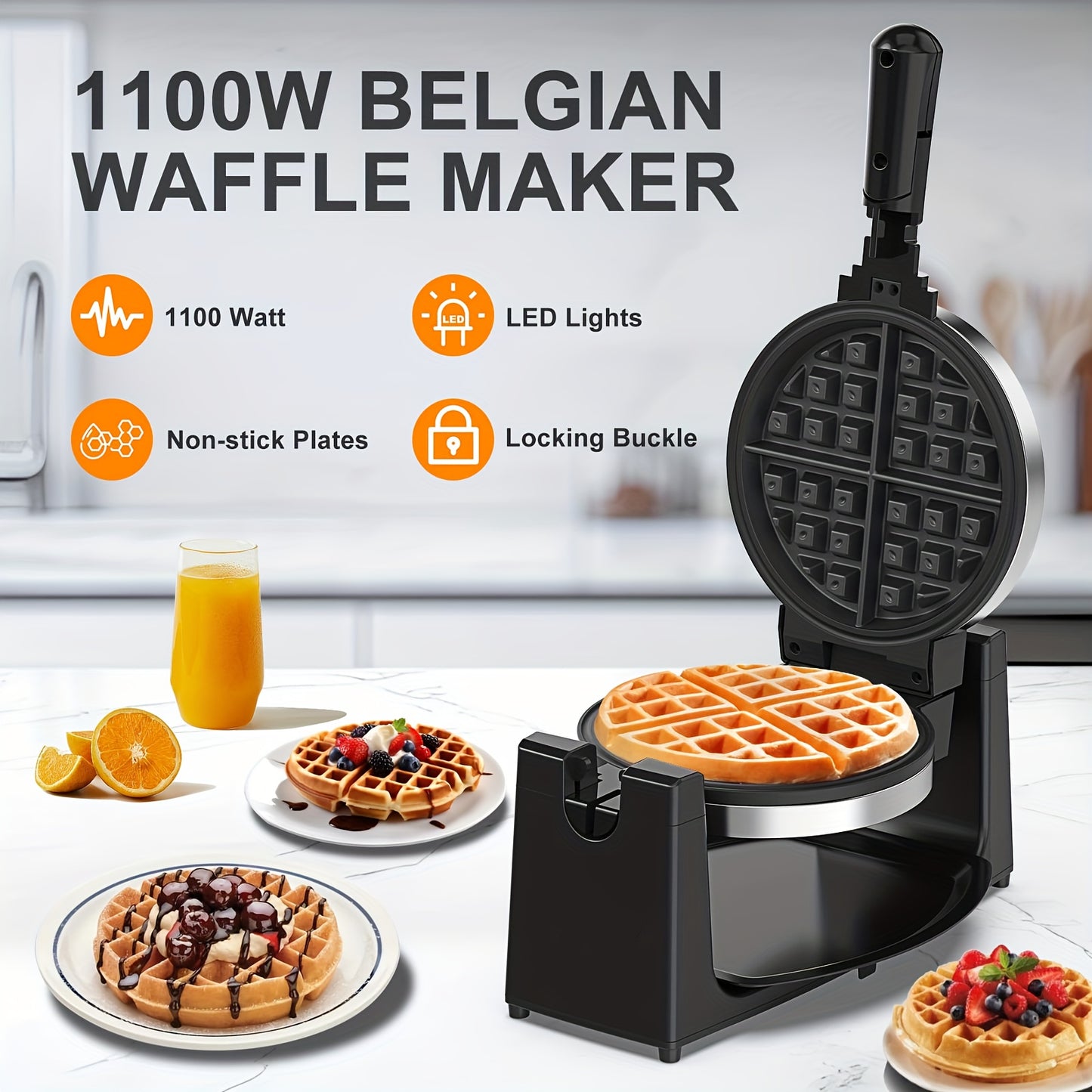 Waffle Maker, Rotating Belgian Waffle Maker, 180° Flip Waffle Iron, Non-Stick Plate, Adjustable Browning Control, Foldable Cool Touch Handle, Removable Drip Tray, Stainless Steel, Space Saving Storage
