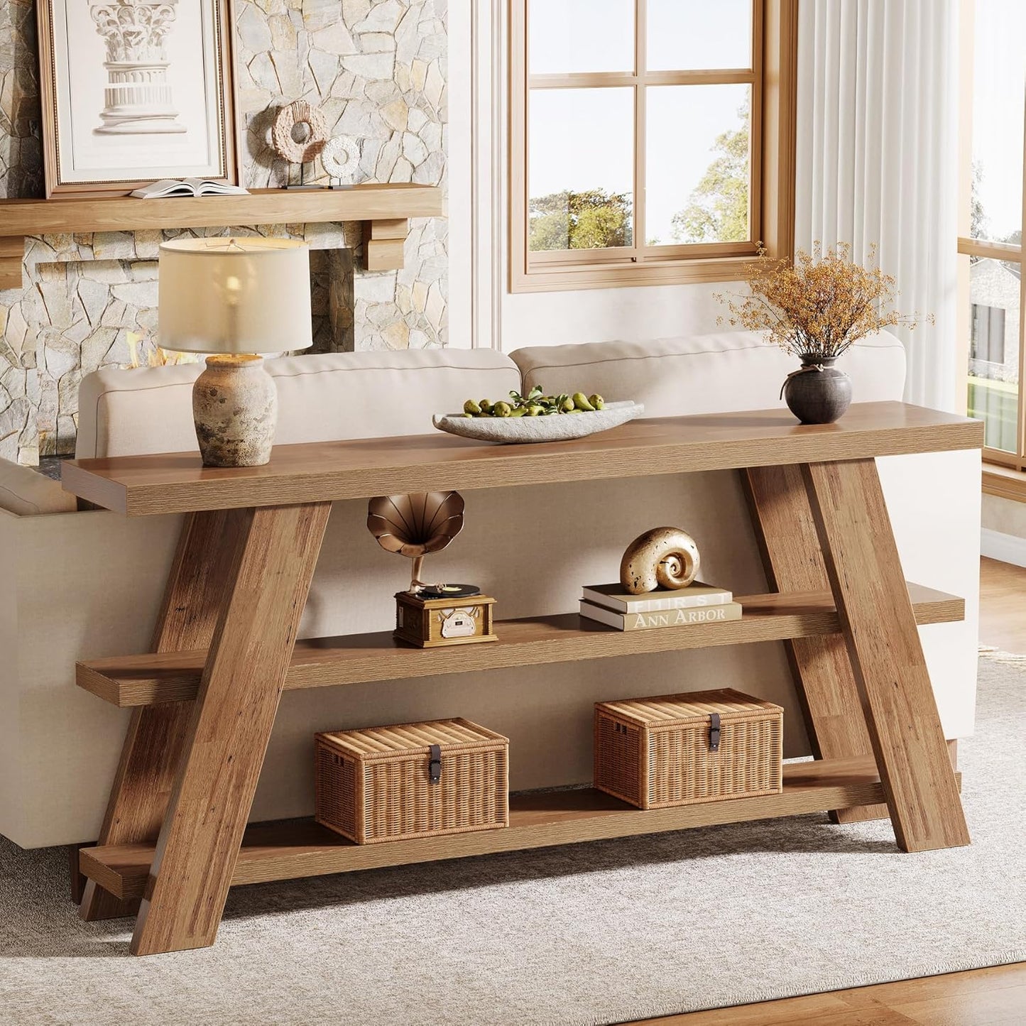 70.9" Extra Long Farmhouse Console Table with 3-Tier Storage - Narrow Sofa Table Behind Couch, Engineered Wood Entryway Hallway Table with Spacious Top & Lower Shelf, Easy Assembly, Brown for Living Room, Foyer, Behind Sofa -