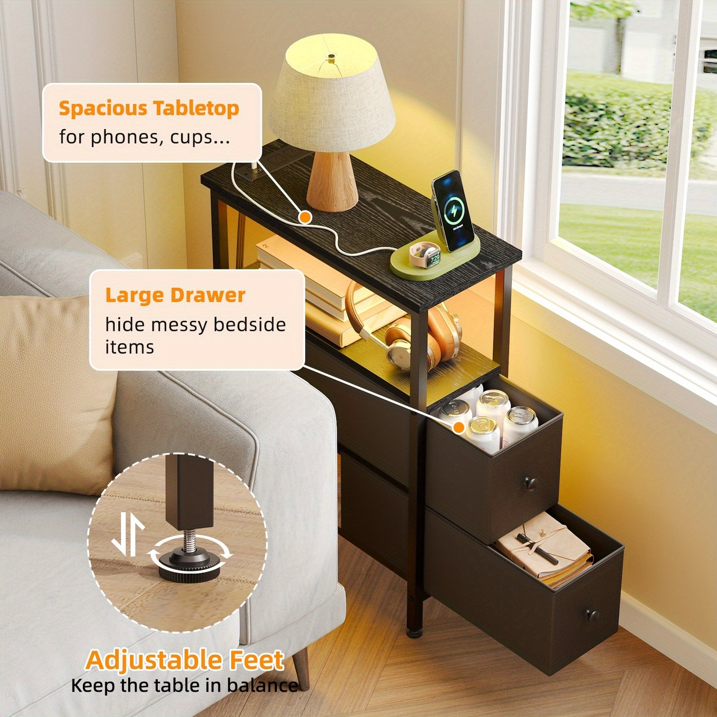 WHONLINE 1pc/2pcs Narrow Night Stand With Charging Station, End Table, Narrow Side Table With 1/2 Fabric Drawers, Skinny Nightstand With Storage, For Living Room, Small Spaces, School And Dormitory Storage, Brown And Black, F