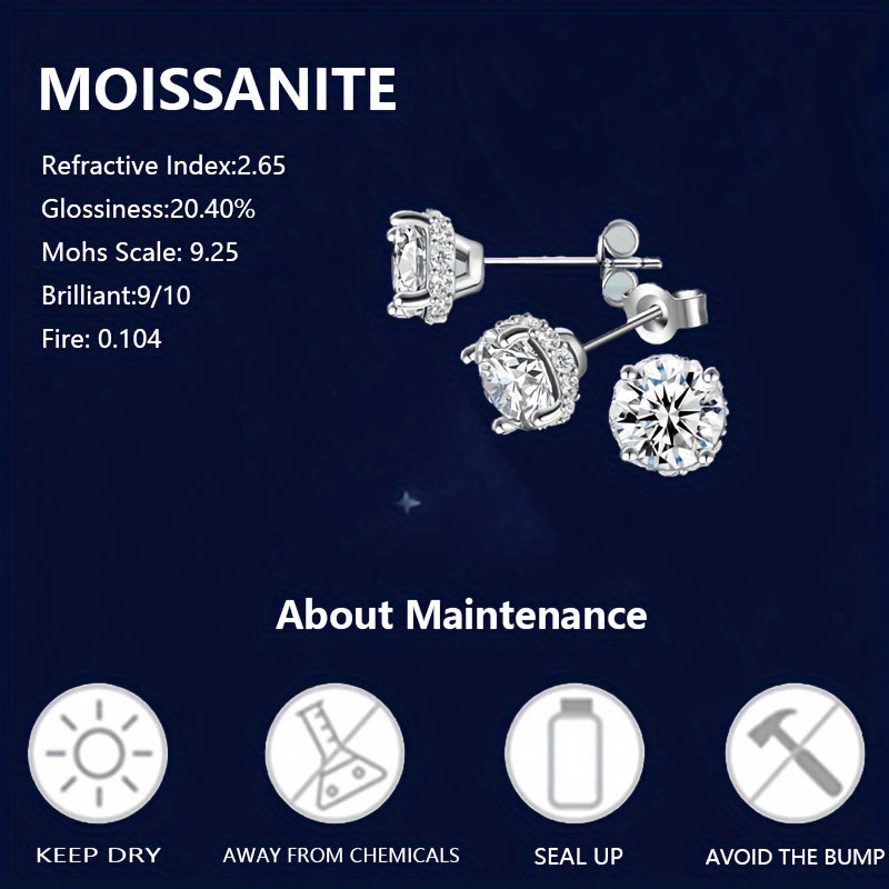 925 Silver 1Carat* 2pcs Moissanite Earrings Teenager'S Moissanite Jewelry, Silvery Earrings, High-Quality Fashion Studs For Teenager For Vacation Engagement, Wedding, Anniversary Gifts Perfect For Friends Christmas #Halloween