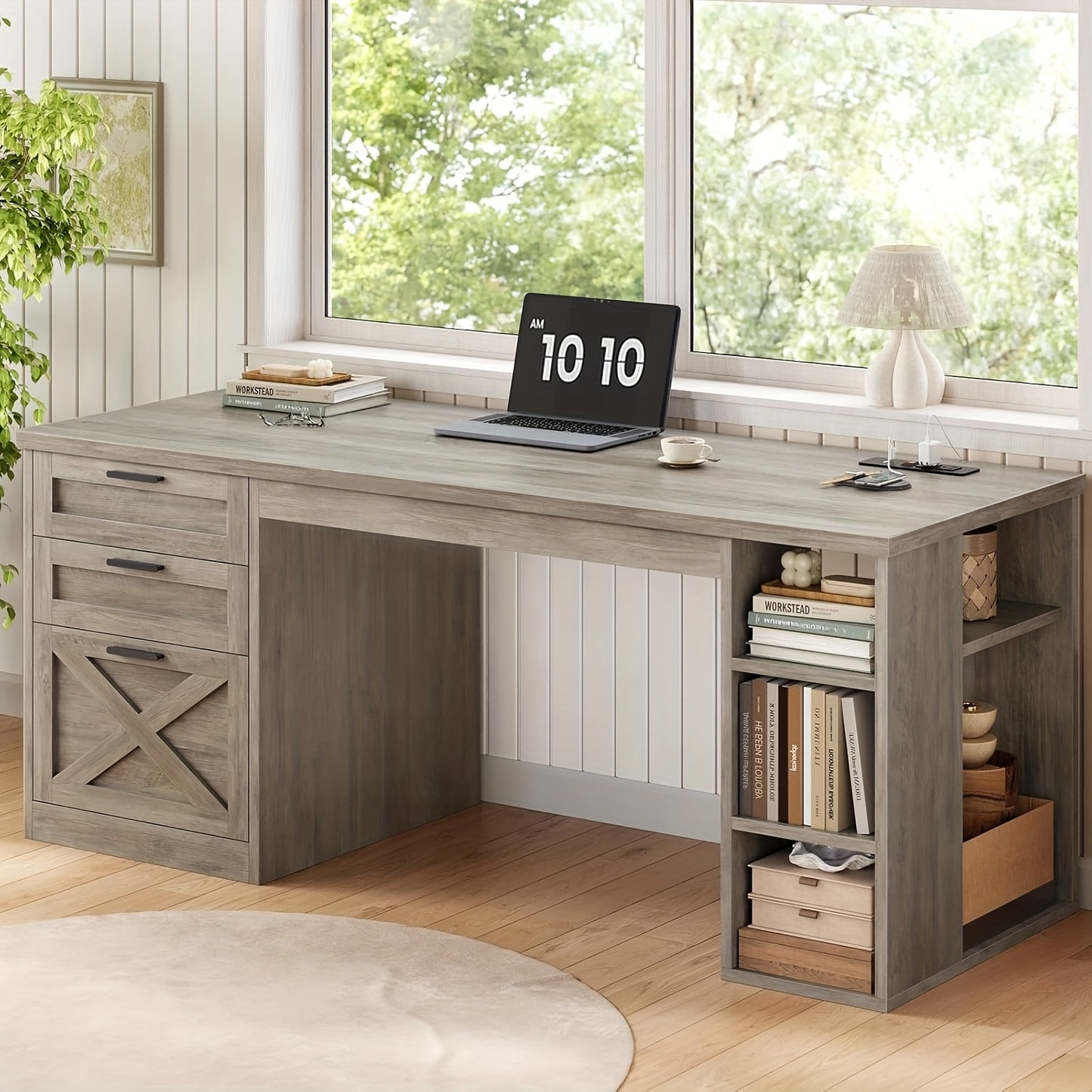 55.1" Farmhouse Desk with Ample Storage, Home Office Desk with File Drawer And Open Shelves, Computer Desk with 3 Drawers, White & Brown Top