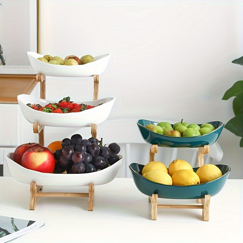 2/3 Tier Luxurious Wooden Elegant Fruit Stand- Double Layer Fruit Bowl and Creative Candy Display- Made of Natural Wood, Suitable Snack Tray for Living Room, Space-saving Design, Easy to Assemble, Father'S Day Gift, Kitchen D