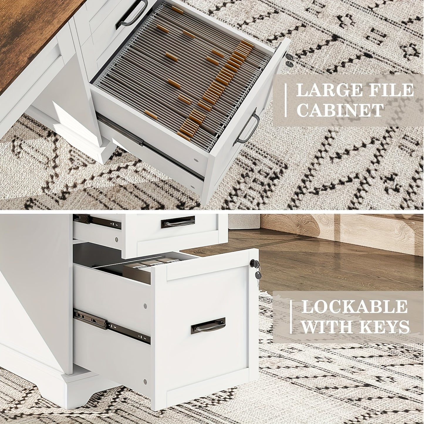 55'' Farmhouse Executive Desk with Power Outlets, Home Office Desk with Drawers And Cabniet
