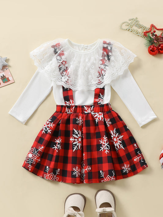Girls' Winter Outfit Set - Lace Trim Knit Top & Plaid Snowflake Skirt with Red/ Pattern, Warm Long Sleeve Suspender Dress for Christmas, New Year's, Everyday - Easy-diaper-change Girls Clothing, for Outdoor