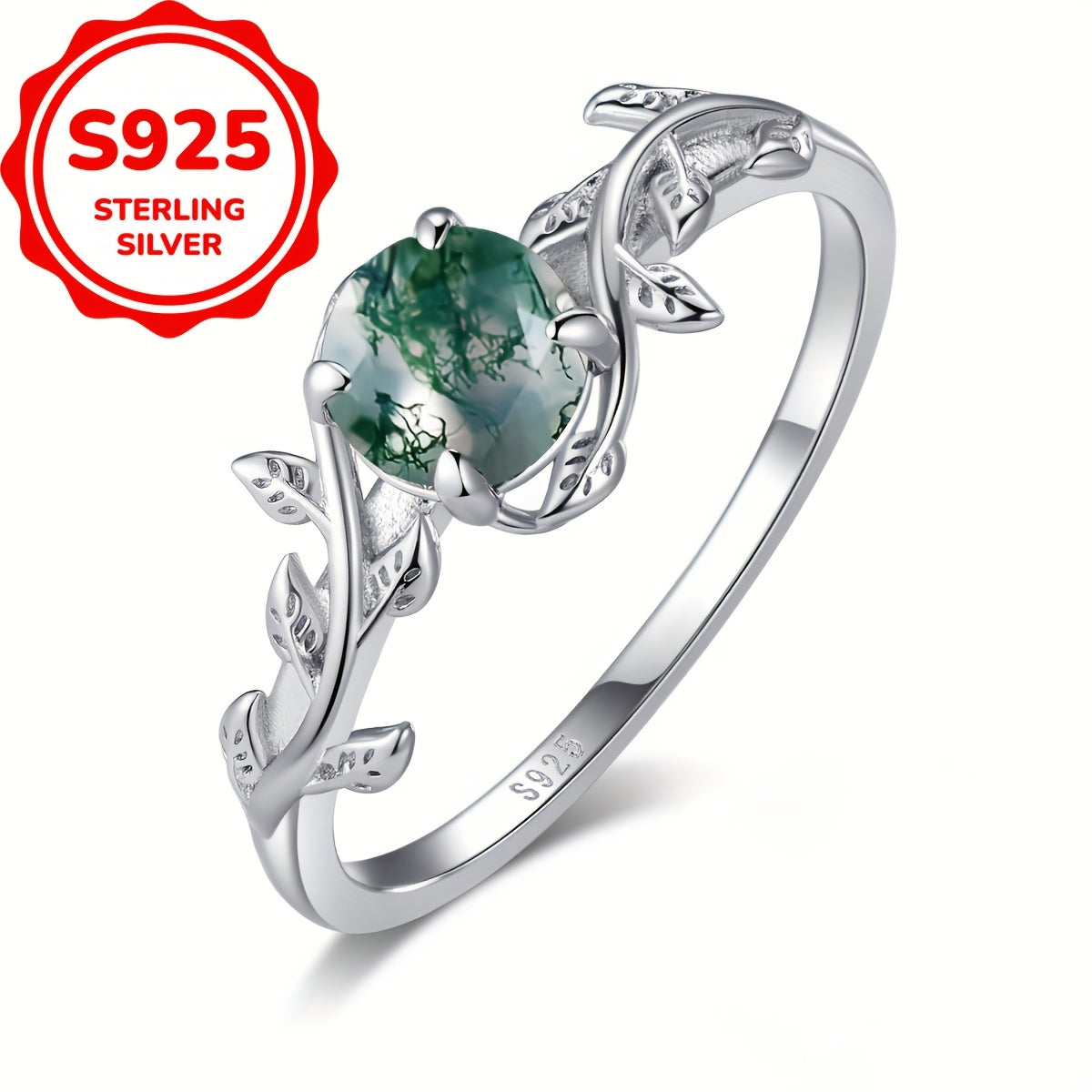 925 Sterling Silver Natural Green Moss Agate Ring Unique Engagement Promise Rings for Women Wedding Jewelry Gift (2. 8g)