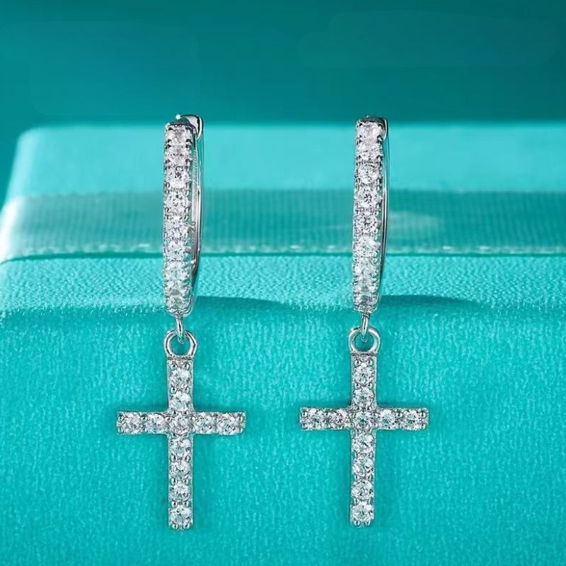 925 Sterling Silvery Full Moissanite Earrings*2, Cross Earrings, Simple And Versatile, Suitable for Daily Wear, Dating, Party, Vacation, Valentine'S Day Gift for Women, Thanksgiving Gift, New Year Gift Jewelry, with Gift Box