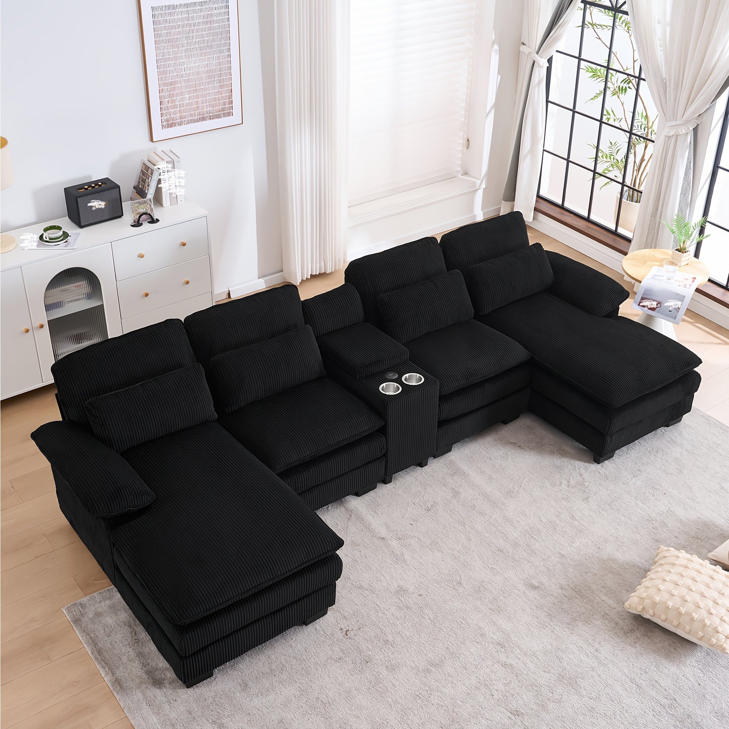 Living Room Comfort Combo Sofa, U-Shaped Cloud Sofa Combination Sofa, Modern Corduroy Modular Sofa with Recliner, Console Cup Holder