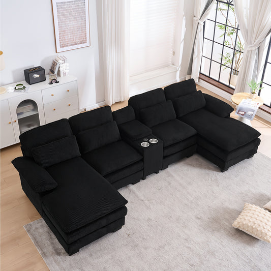 Living Room Comfort Combo Sofa, U-Shaped Cloud Sofa Combination Sofa, Modern Corduroy Modular Sofa with Recliner, Console Cup Holder
