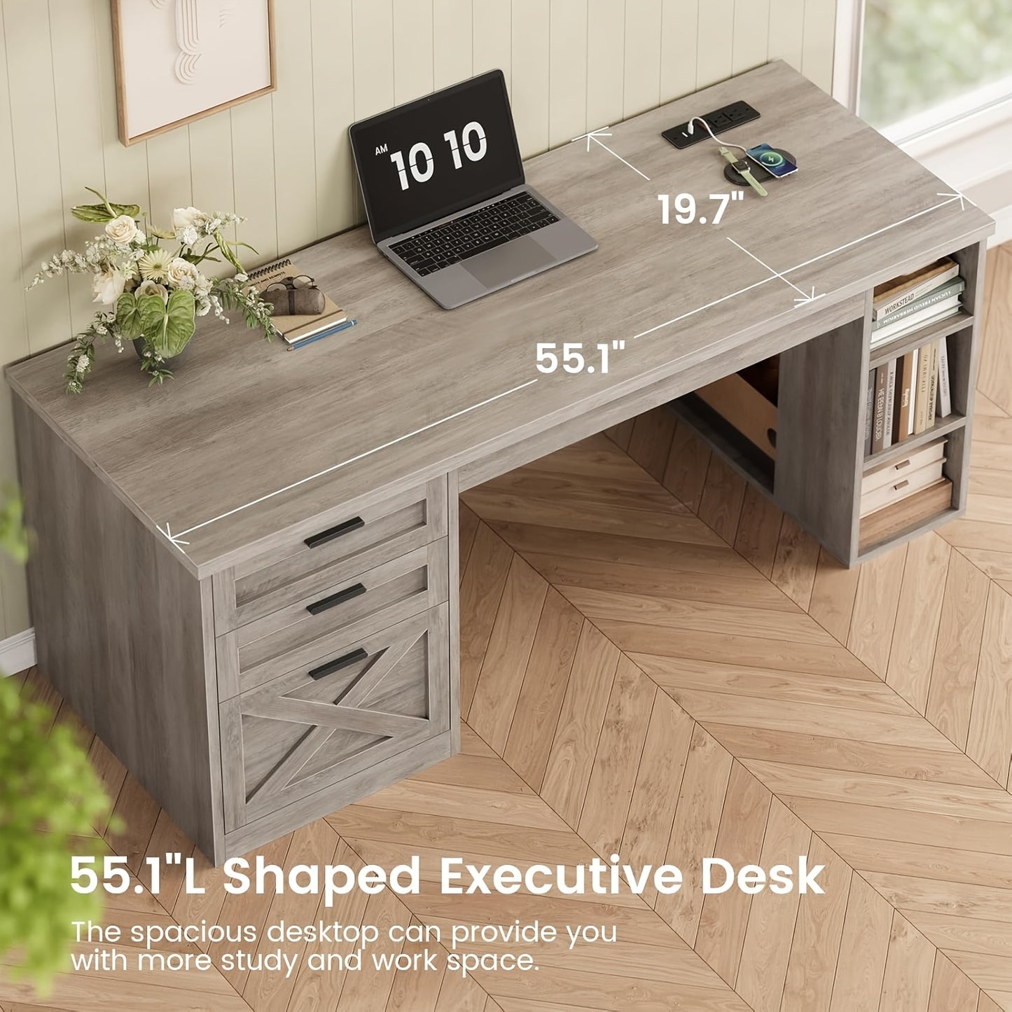 55.1" Farmhouse Desk with Ample Storage, Home Office Desk with File Drawer And Open Shelves, Computer Desk with 3 Drawers, White & Brown Top