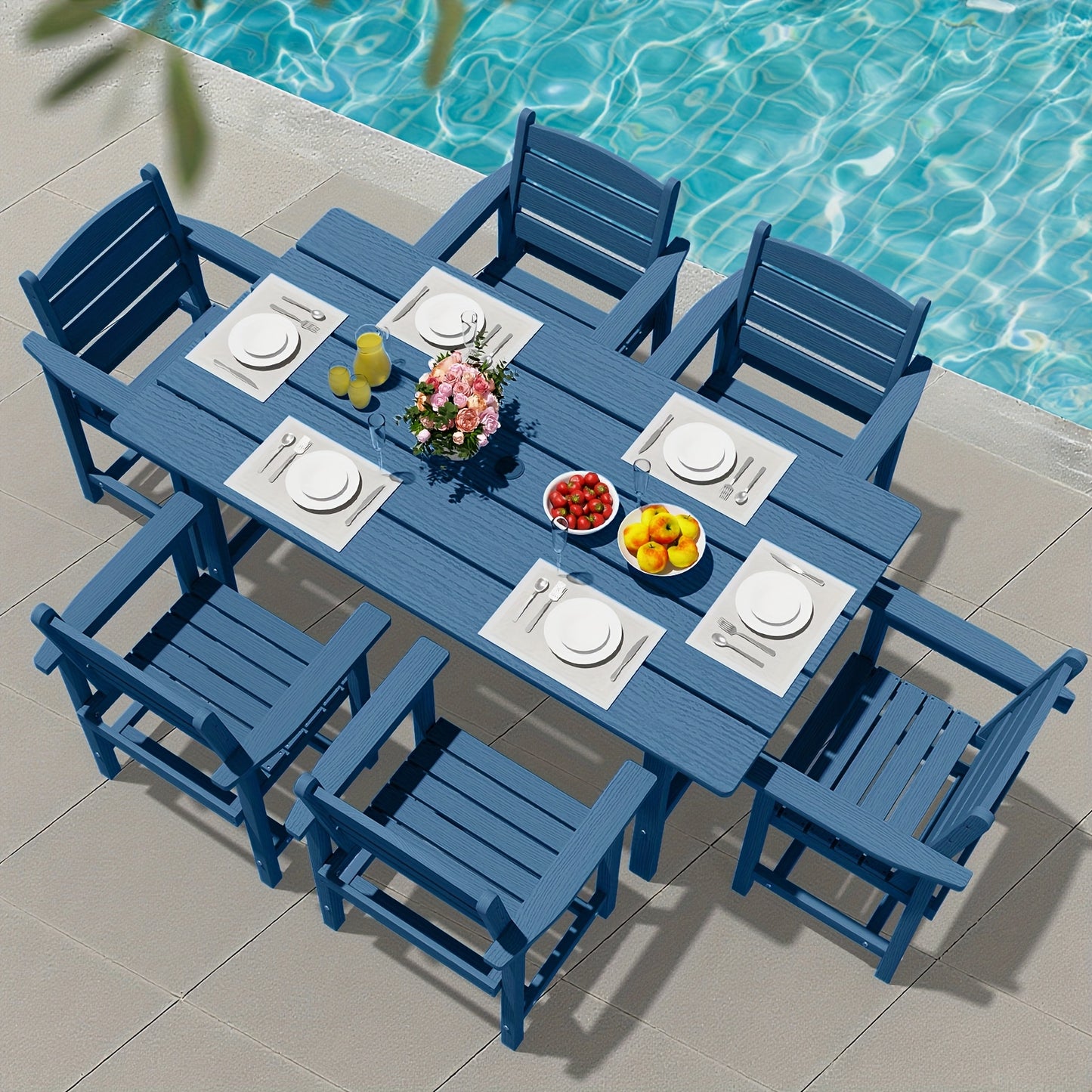 Outdoor HDPE Dining Set, 7pcs Outdoor Furniture with Large Table& 6 Chairs, All-Weather Patio Dining Set for Lawn, Garden, Backyard, Poolside