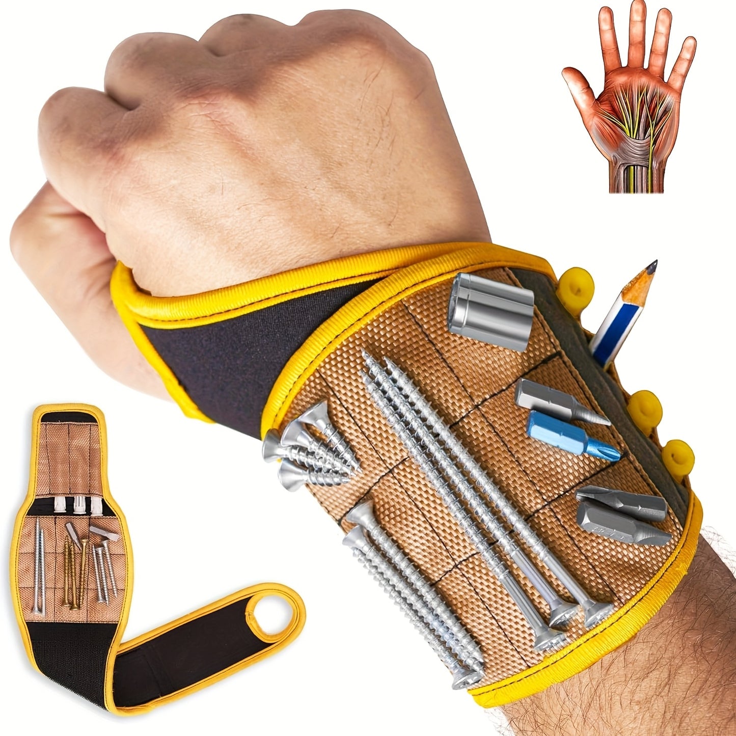Heavy-Duty Magnetic Wristband with Strong Magnets - Magnetic Tool Holder for Screws, Nails, Drill Bits - Secure Grip Work Wrist Support - Ideal Gift for Electricians, Handymen, DIYers, Fathers, Builders - Coyote Brown (Metal