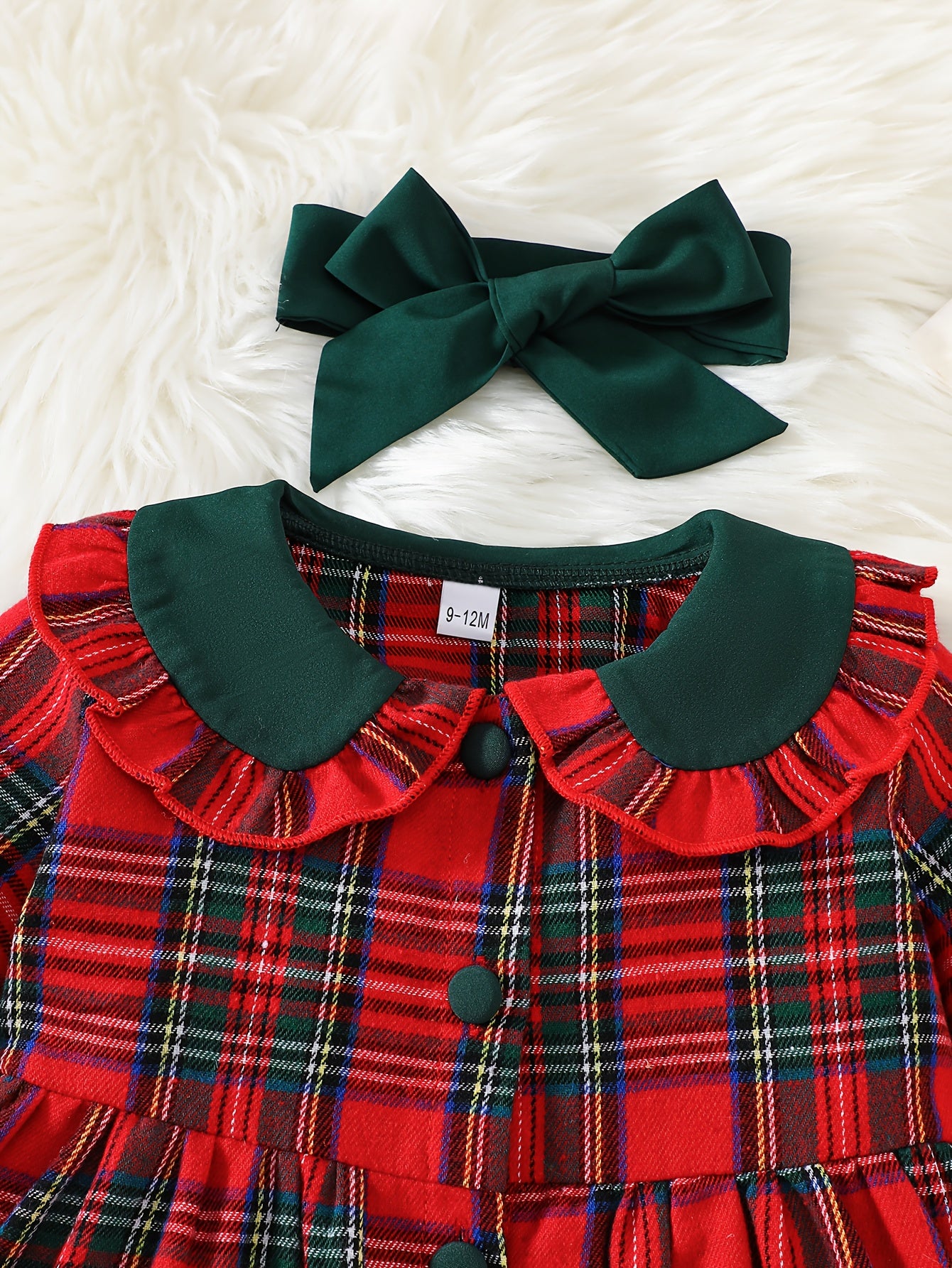 Red Plaid Christmas Party Dress with Detachable Headbow & Belted Waist - Long Sleeve A-Line Mid-Length Holiday Gown, Machine Washable Cute Outfit for Xmas Pageants, Family Photos & Winter Celebrations - Festive Gift for Young