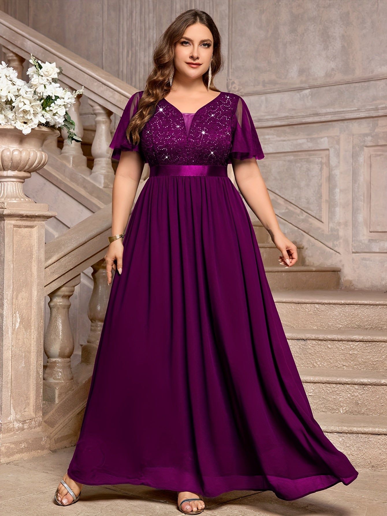Plus Size - P54385A Elegant Plus Size Sequin Lace Bridesmaid Dress, Sweetheart Neckline With Mesh Ruffle Sleeves, Pleated Chiffon Skirt For Formal Parties, Evenings, Weddings