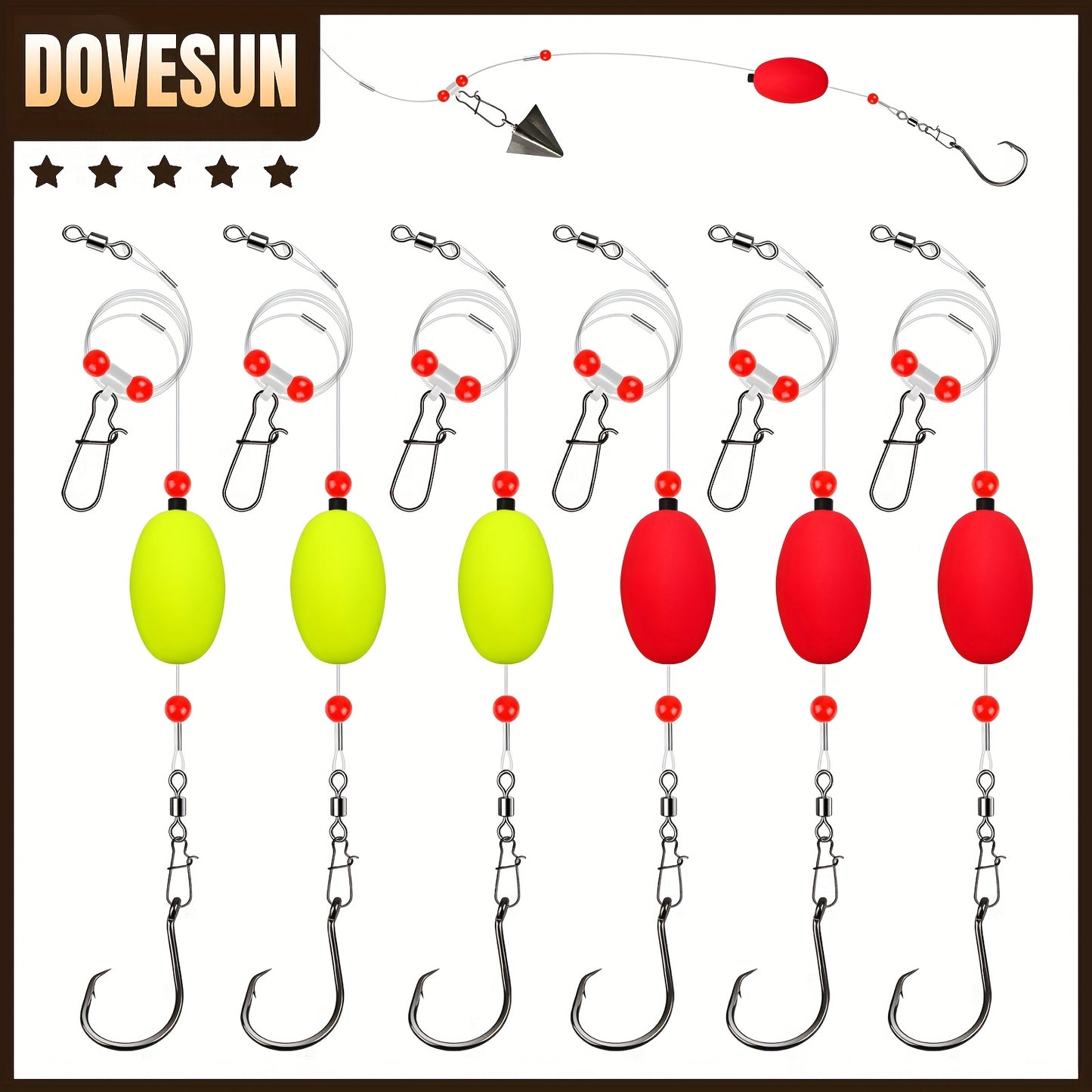 Dovesun 6pcs Surf Fishing Rigs - 20.5" Pre-Rigged Fish Finder Rig with 5/0 8/0 Circle Hooks & Fishing Float, 90LB Saltwater Fishing Gear Wind Resistant Fishing Tackle for Carolina Rig for Shark, Catfish, Bass, Idea Christmas