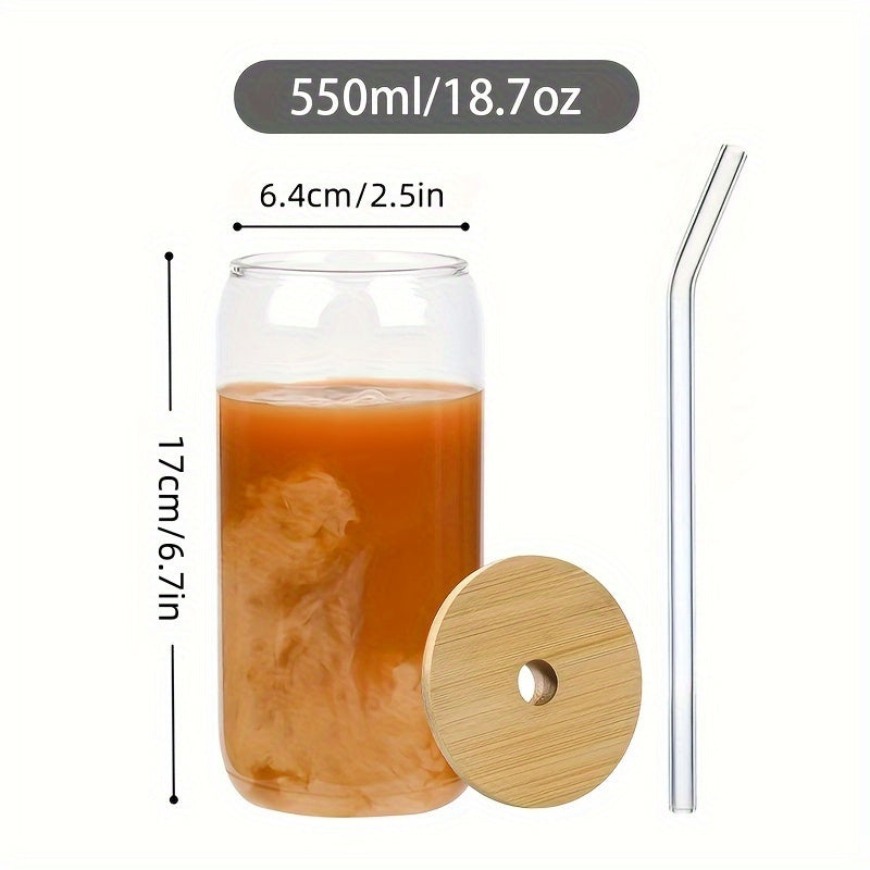 4/6pcs, Glass Cup, 18.7oz/550ml Glass with Lid And Straw, Mason Jar Water Cup, Iced Coffee Cup, Glass Cup with Lid