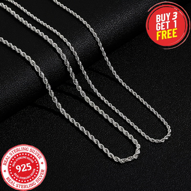 925 Sterling Silver 3mm Twist Necklace, Classic Simple Design, Unisex, Suitable For All Occasions - Valentine'S Day, Halloween, Christmas, Anniversary Or As A Holiday Gift (including Gift Box); Buy Three, Get One Free