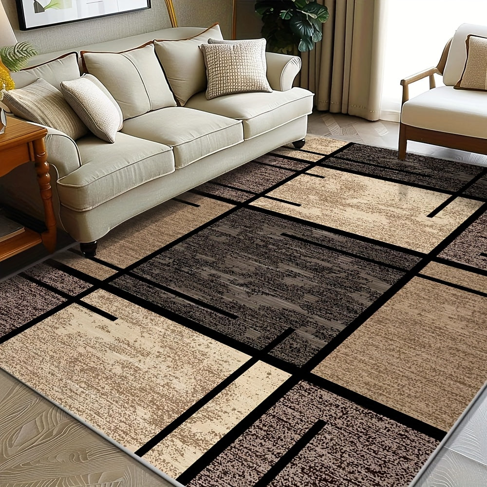 Luxury Velvet Area Mat - Premium Machine Washable, Fade-Resistant Polyester Mat for Living Room, Bedroom, Office, And Outdoor Decor - Rectangle, Lightweight, And Easy to Clean - 850 GSM, Beige And Brown Geometric Pattern, Com