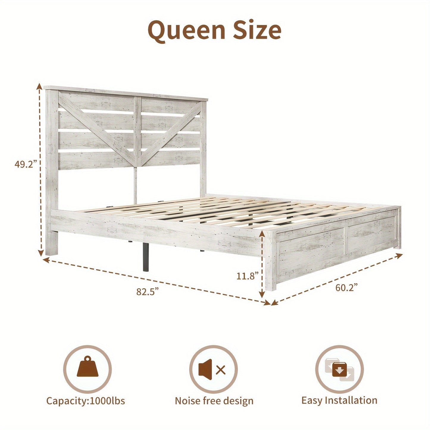LUXOAK Farmhouse Wooden Platform Bed Frame with 49.2" Headboard - No Box Spring Needed, Noise-Free, Easy Assembly