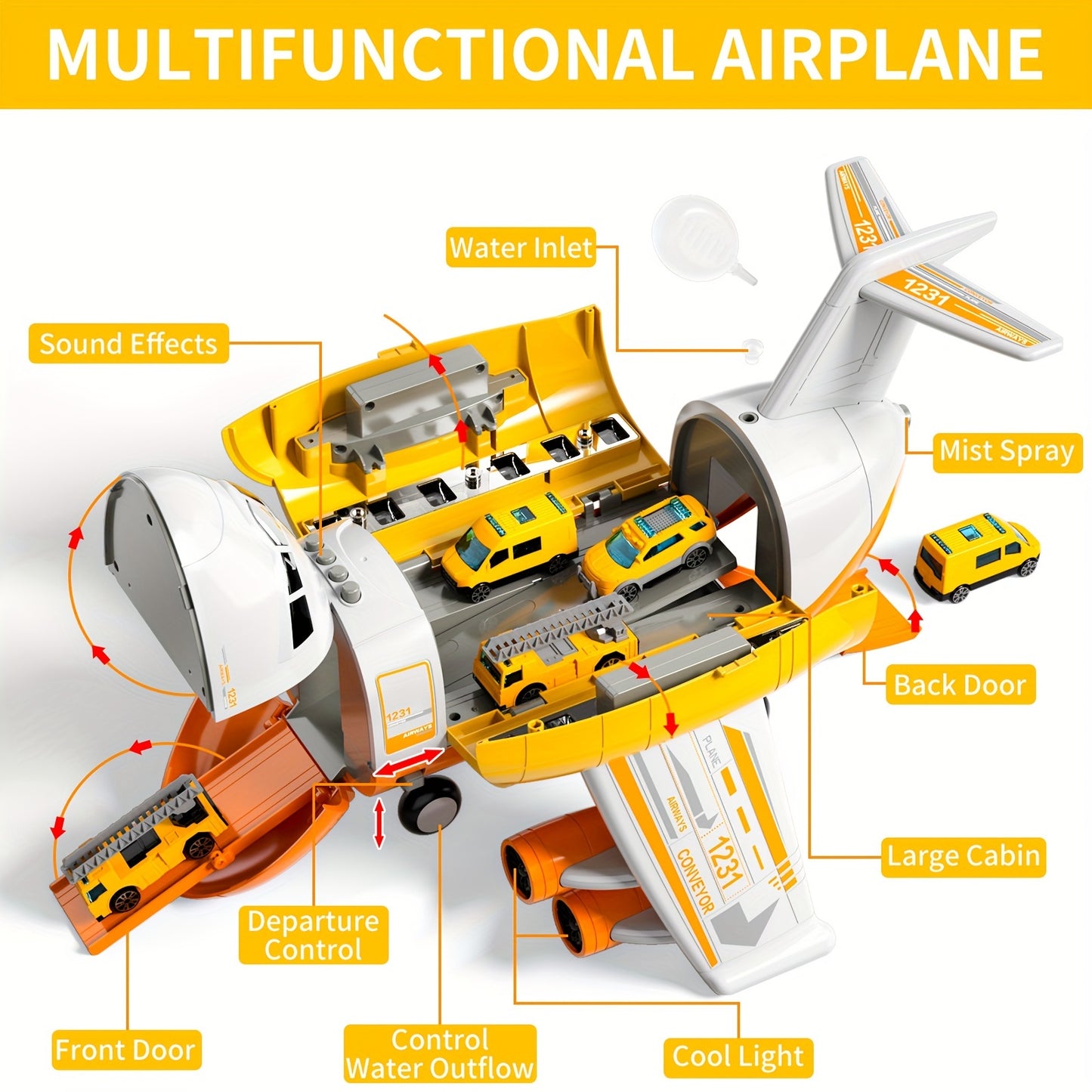 Educational Airplane with Steam Lights and 4 Cars in Yellow - Colorful Box Set